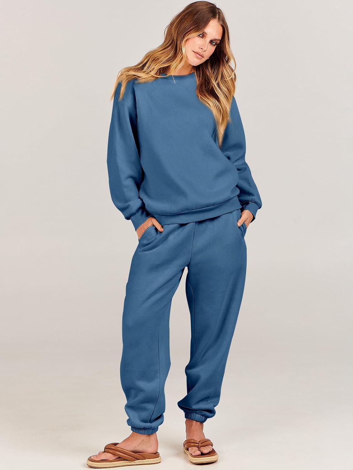 imageANRABESS Womens Two Piece Outfits Sweatsuit Lounge Set Long Sleeve Crewneck Sweatshirt Jogger Pants Tracksuit 2025 Fall SetsBlue