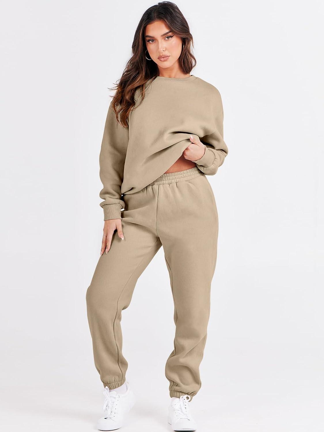 imageANRABESS Womens Two Piece Outfits Sweatsuit Lounge Set Long Sleeve Crewneck Sweatshirt Jogger Pants Tracksuit 2025 Fall SetsBrown