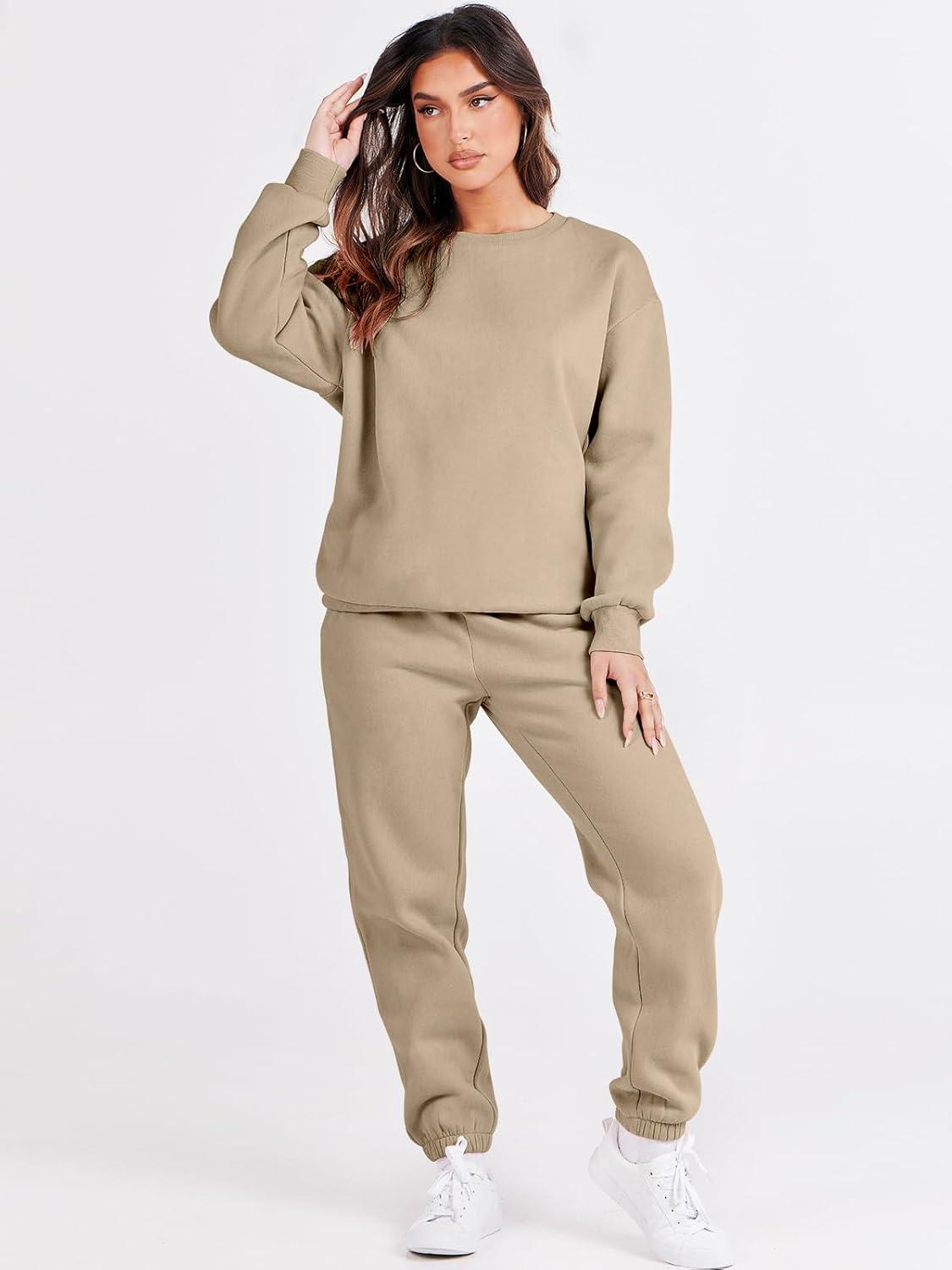 imageANRABESS Womens Two Piece Outfits Sweatsuit Lounge Set Long Sleeve Crewneck Sweatshirt Jogger Pants Tracksuit 2025 Fall SetsBrown