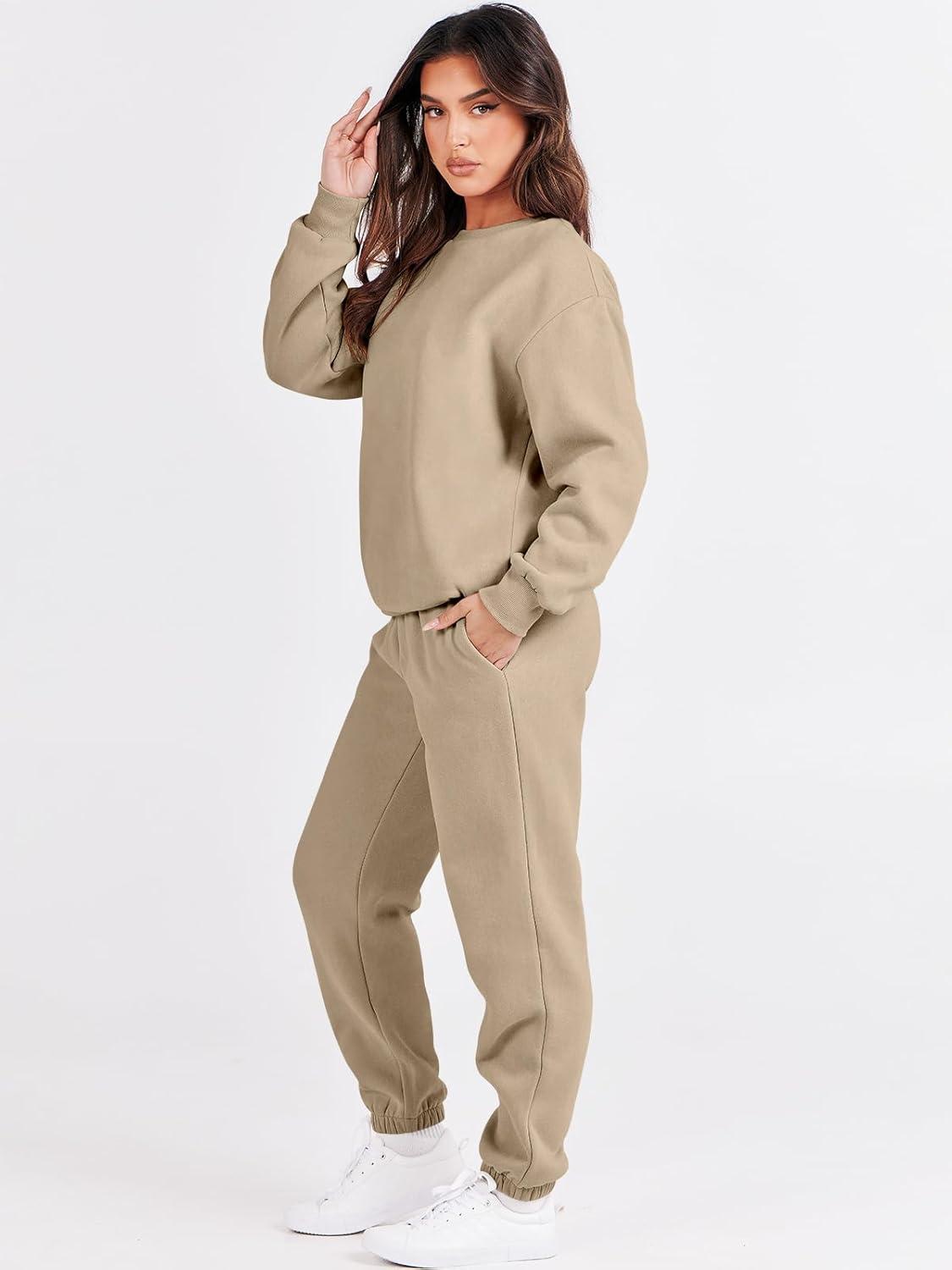 imageANRABESS Womens Two Piece Outfits Sweatsuit Lounge Set Long Sleeve Crewneck Sweatshirt Jogger Pants Tracksuit 2025 Fall SetsBrown