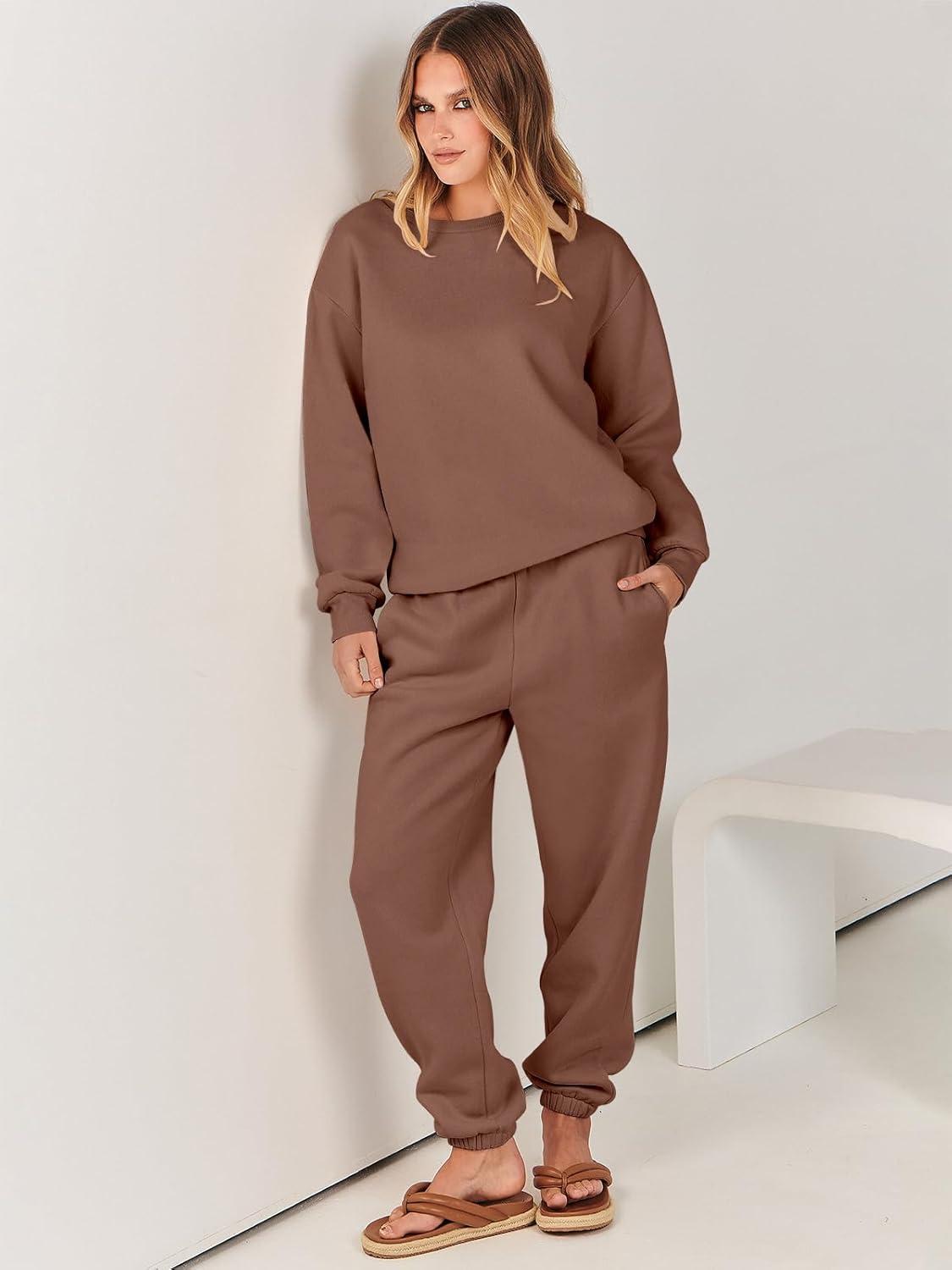 imageANRABESS Womens Two Piece Outfits Sweatsuit Lounge Set Long Sleeve Crewneck Sweatshirt Jogger Pants Tracksuit 2025 Fall SetsCoffee