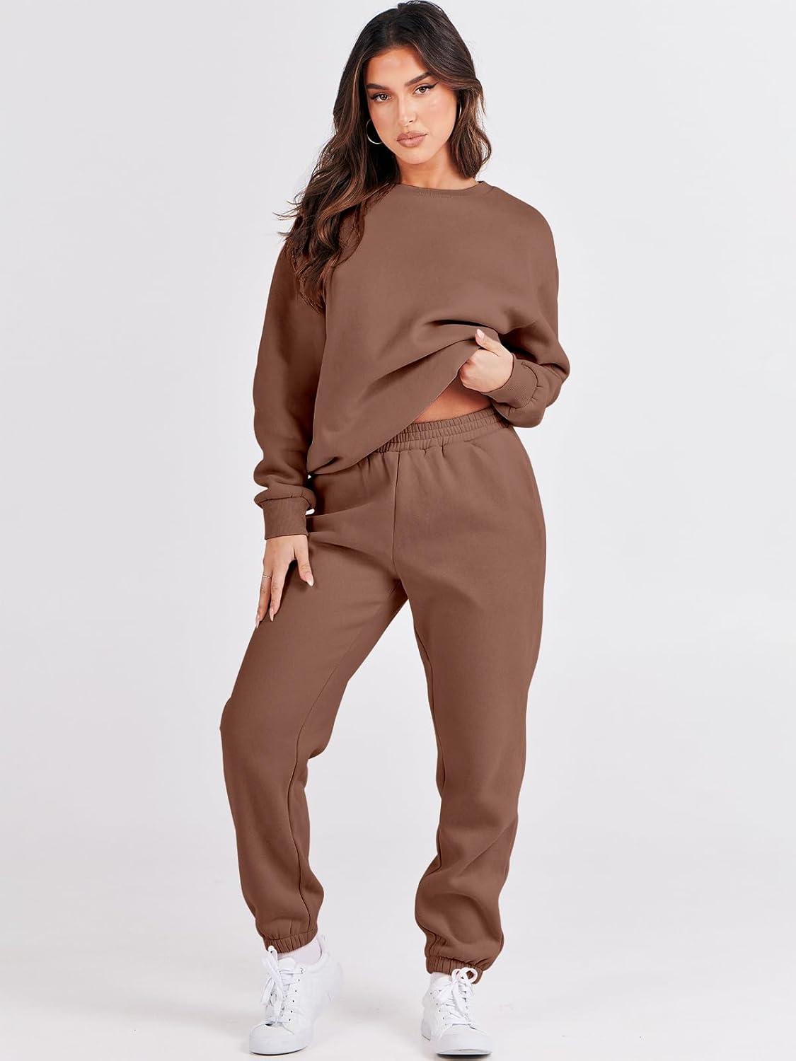 imageANRABESS Womens Two Piece Outfits Sweatsuit Lounge Set Long Sleeve Crewneck Sweatshirt Jogger Pants Tracksuit 2025 Fall SetsCoffee