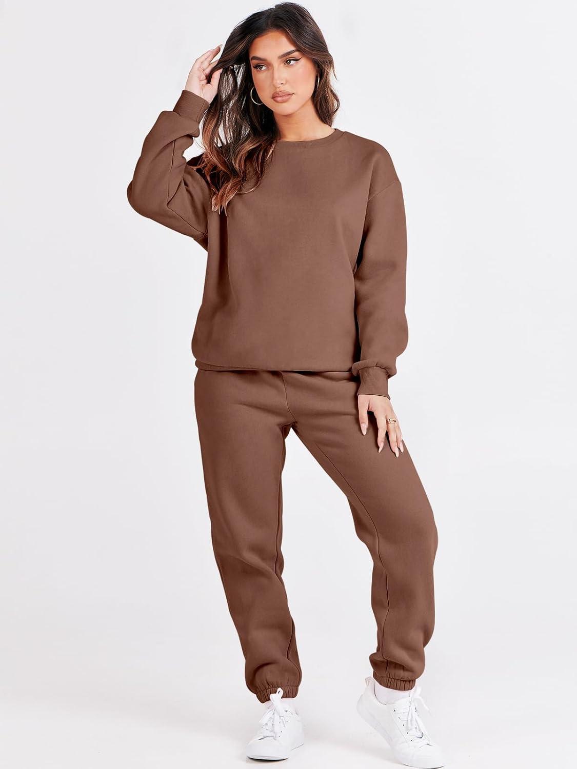 imageANRABESS Womens Two Piece Outfits Sweatsuit Lounge Set Long Sleeve Crewneck Sweatshirt Jogger Pants Tracksuit 2025 Fall SetsCoffee
