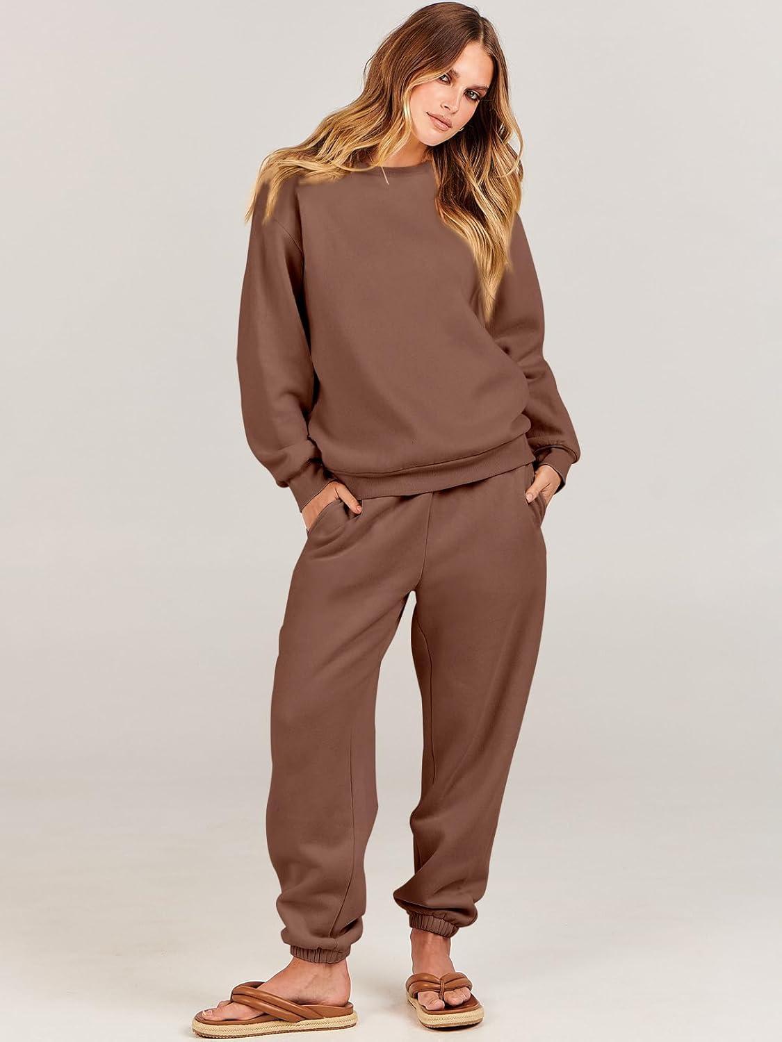 imageANRABESS Womens Two Piece Outfits Sweatsuit Lounge Set Long Sleeve Crewneck Sweatshirt Jogger Pants Tracksuit 2025 Fall SetsCoffee