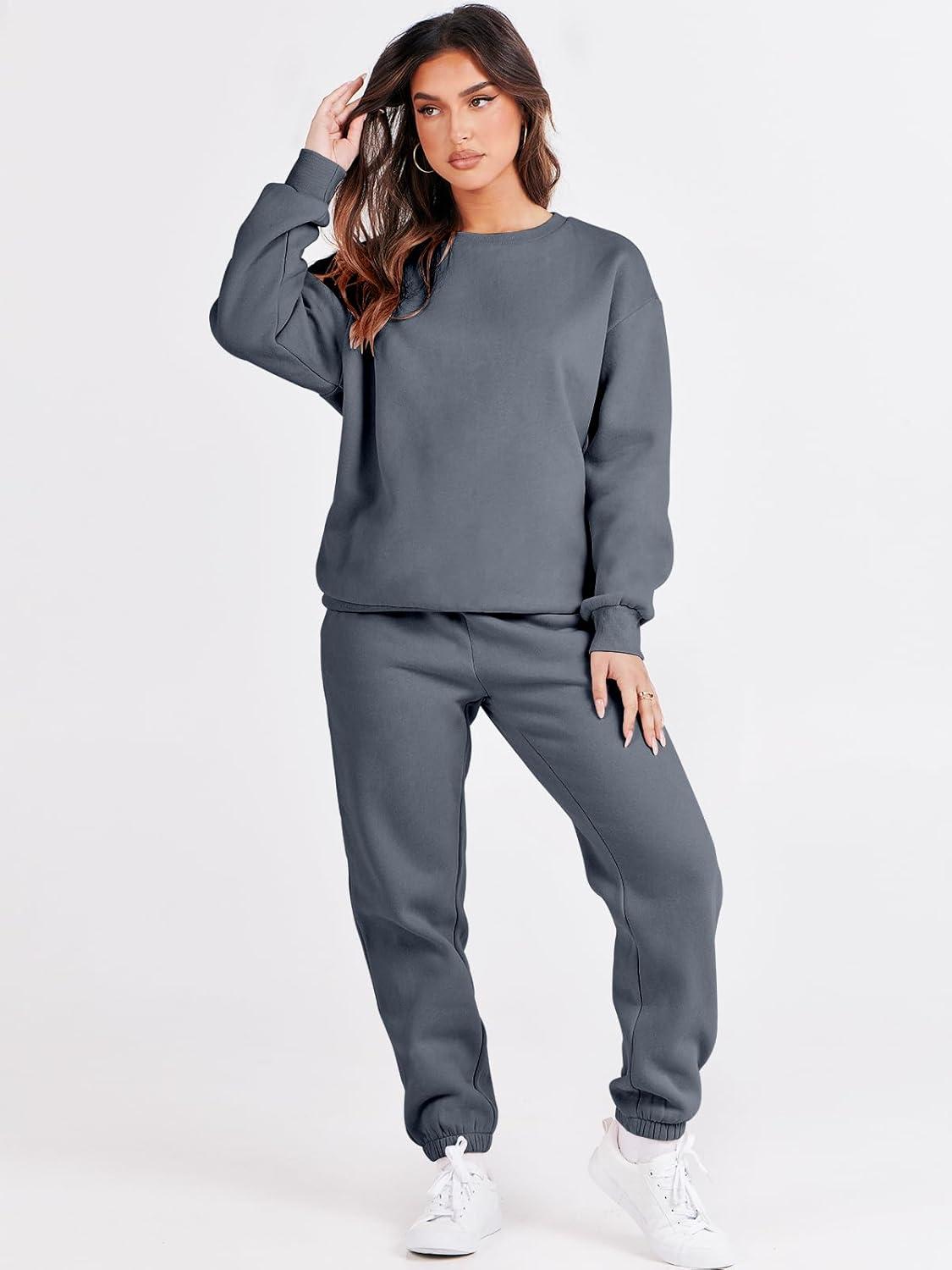 imageANRABESS Womens Two Piece Outfits Sweatsuit Lounge Set Long Sleeve Crewneck Sweatshirt Jogger Pants Tracksuit 2025 Fall SetsDark Grey