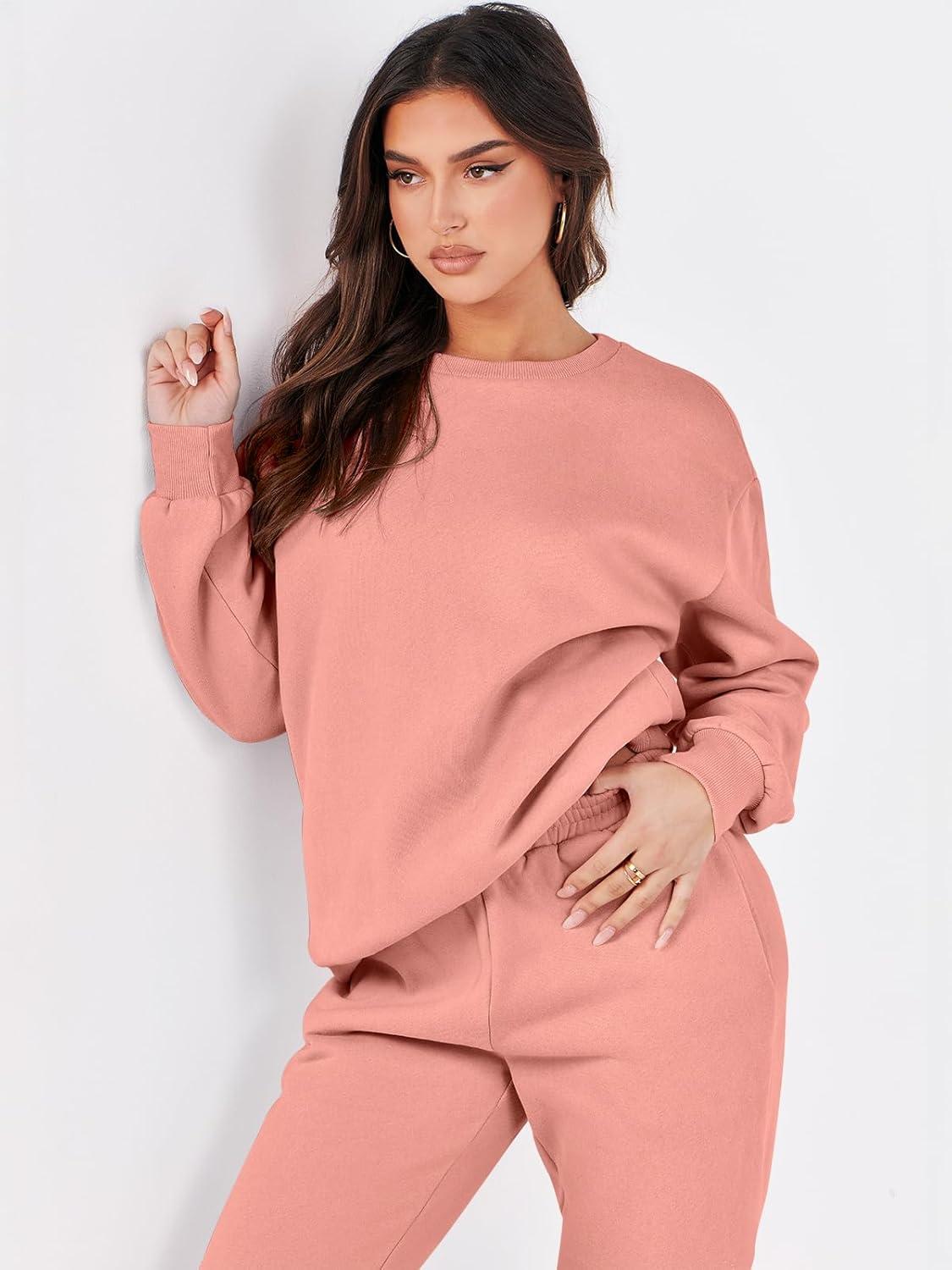 imageANRABESS Womens Two Piece Outfits Sweatsuit Lounge Set Long Sleeve Crewneck Sweatshirt Jogger Pants Tracksuit 2025 Fall SetsDark Pink