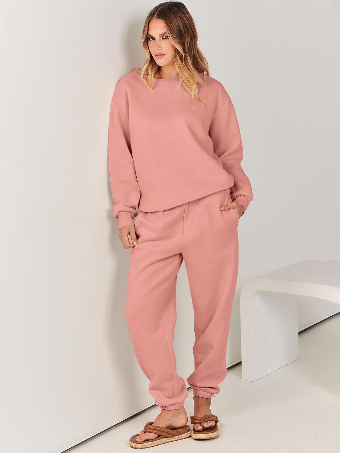 imageANRABESS Womens Two Piece Outfits Sweatsuit Lounge Set Long Sleeve Crewneck Sweatshirt Jogger Pants Tracksuit 2025 Fall SetsDark Pink