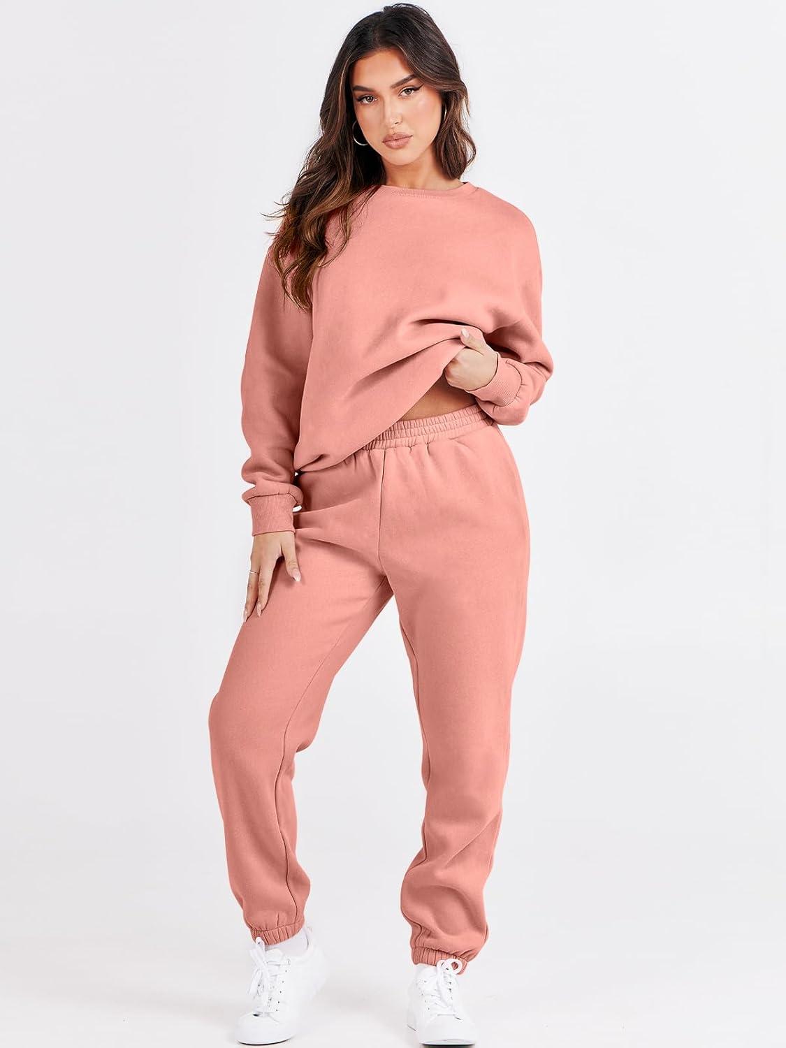 imageANRABESS Womens Two Piece Outfits Sweatsuit Lounge Set Long Sleeve Crewneck Sweatshirt Jogger Pants Tracksuit 2025 Fall SetsDark Pink