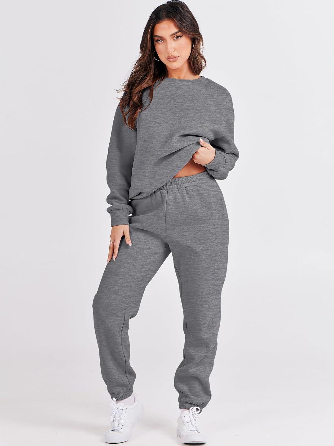 imageANRABESS Womens Two Piece Outfits Sweatsuit Lounge Set Long Sleeve Crewneck Sweatshirt Jogger Pants Tracksuit 2025 Fall SetsDeep Grey