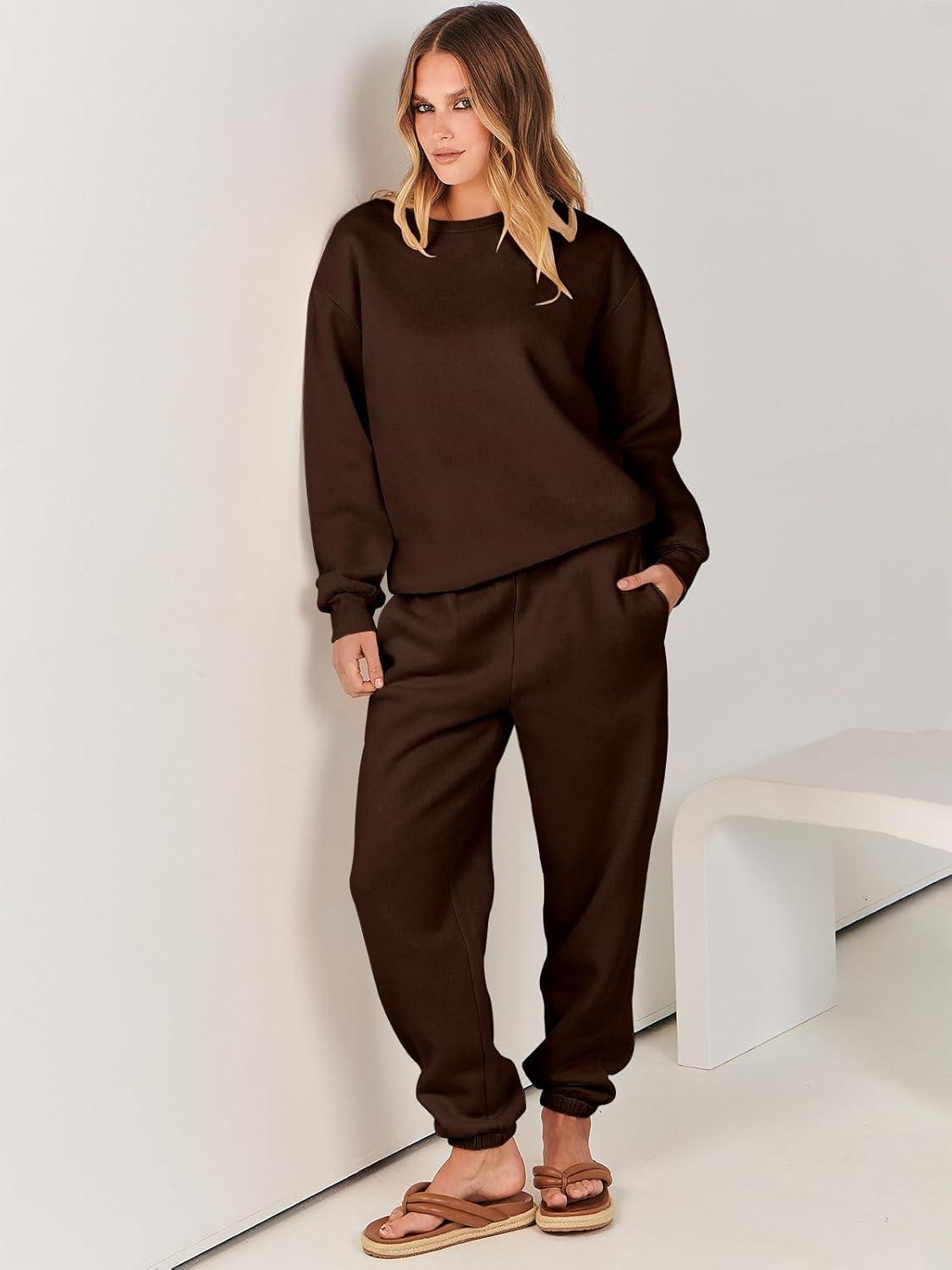 imageANRABESS Womens Two Piece Outfits Sweatsuit Lounge Set Long Sleeve Crewneck Sweatshirt Jogger Pants Tracksuit 2025 Fall SetsDrek Coffee