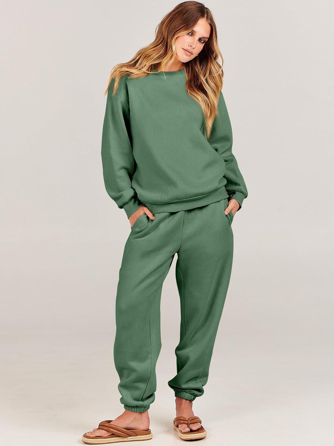 imageANRABESS Womens Two Piece Outfits Sweatsuit Lounge Set Long Sleeve Crewneck Sweatshirt Jogger Pants Tracksuit 2025 Fall SetsGreen