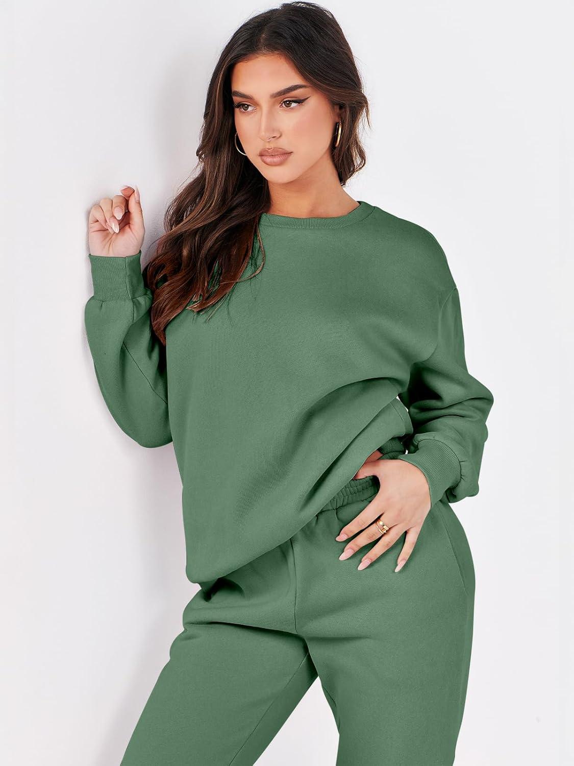 imageANRABESS Womens Two Piece Outfits Sweatsuit Lounge Set Long Sleeve Crewneck Sweatshirt Jogger Pants Tracksuit 2025 Fall SetsGreen