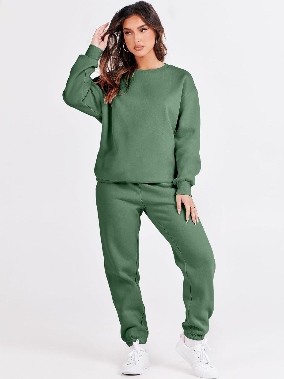 imageANRABESS Womens Two Piece Outfits Sweatsuit Lounge Set Long Sleeve Crewneck Sweatshirt Jogger Pants Tracksuit 2025 Fall SetsGreen