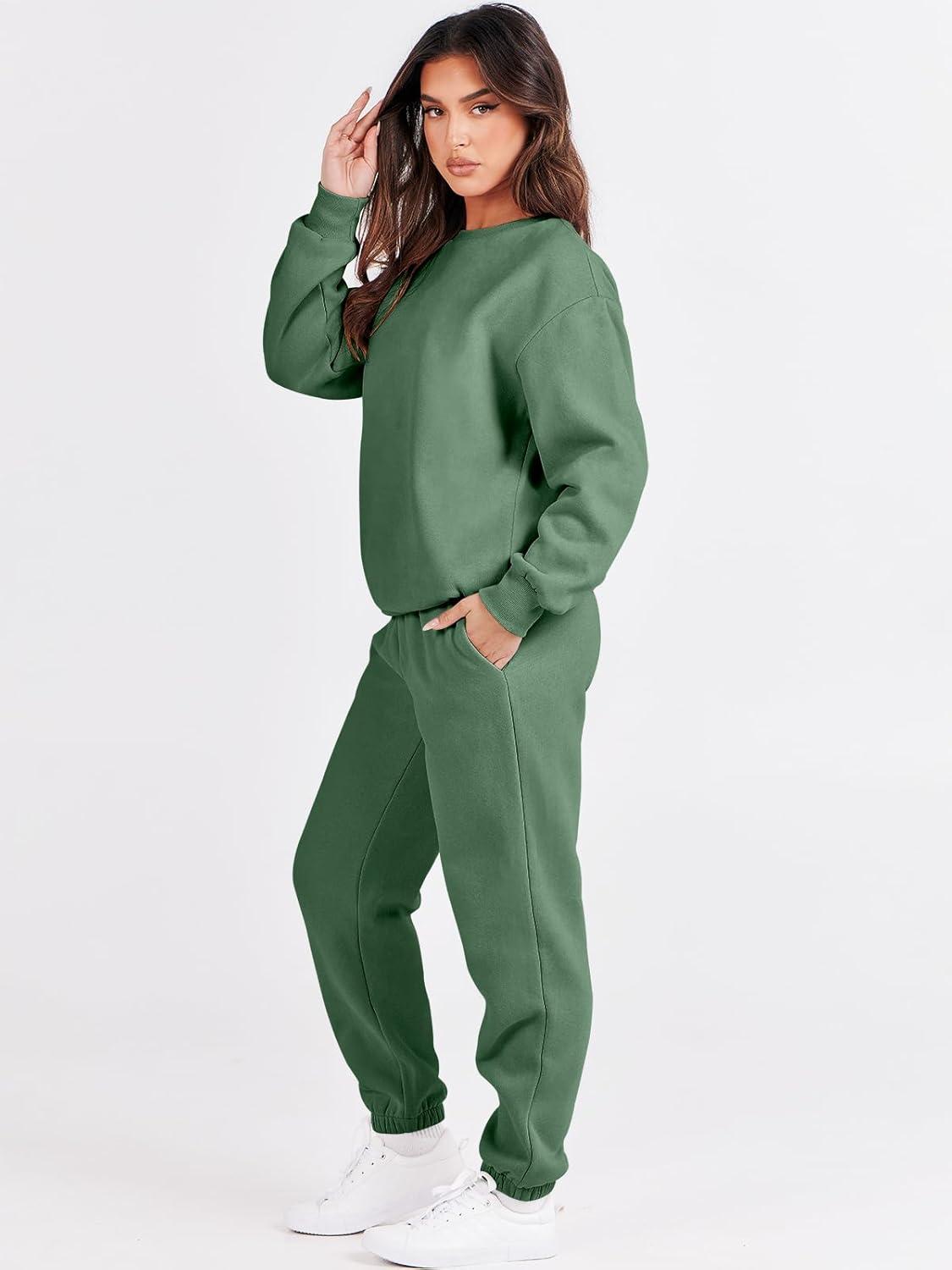 imageANRABESS Womens Two Piece Outfits Sweatsuit Lounge Set Long Sleeve Crewneck Sweatshirt Jogger Pants Tracksuit 2025 Fall SetsGreen