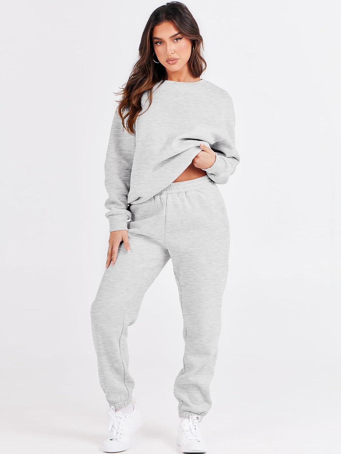 imageANRABESS Womens Two Piece Outfits Sweatsuit Lounge Set Long Sleeve Crewneck Sweatshirt Jogger Pants Tracksuit 2025 Fall SetsGrey