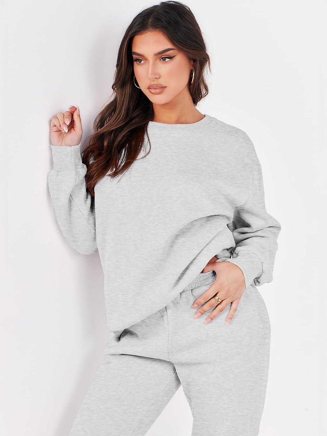 imageANRABESS Womens Two Piece Outfits Sweatsuit Lounge Set Long Sleeve Crewneck Sweatshirt Jogger Pants Tracksuit 2025 Fall SetsGrey