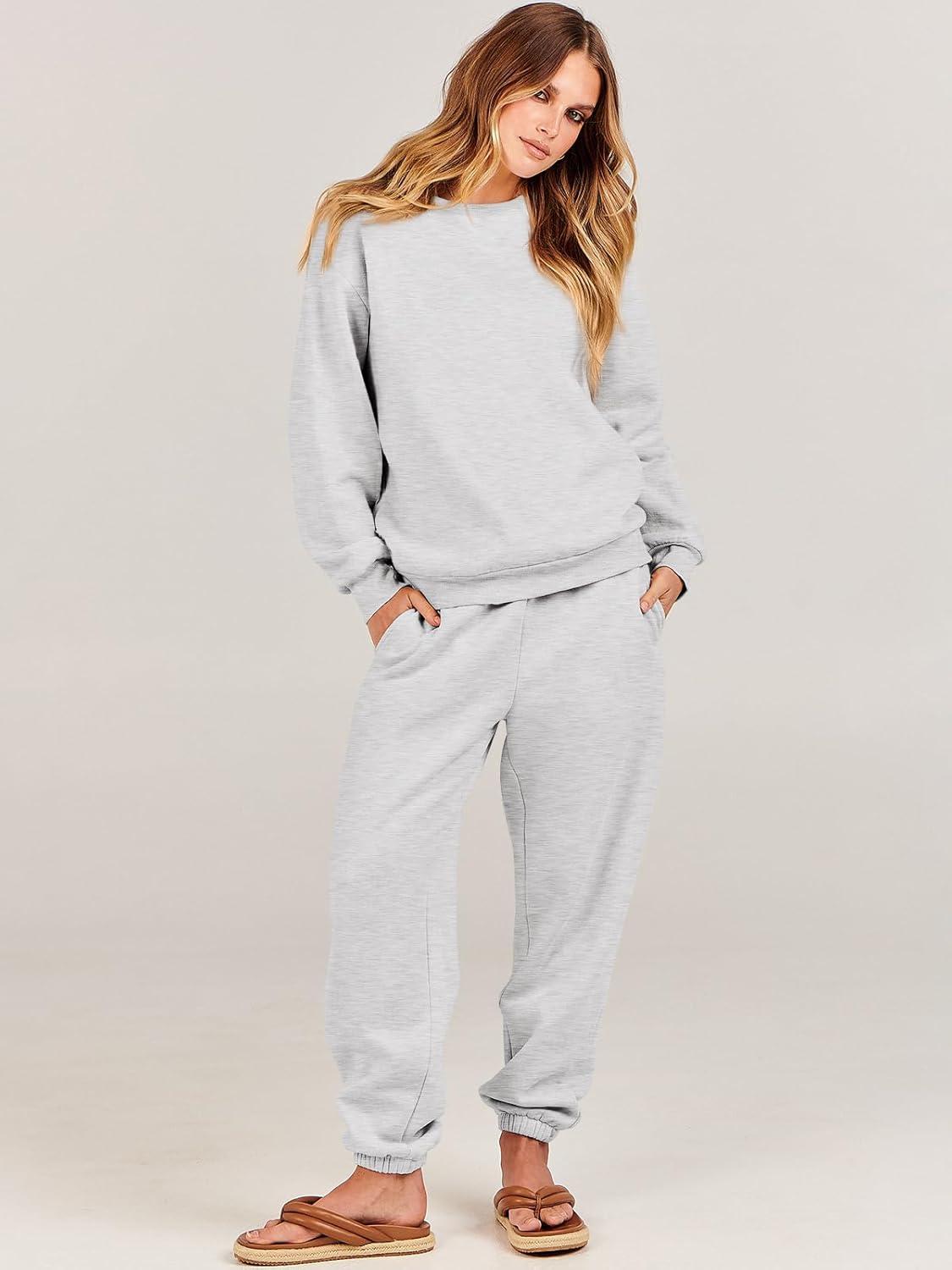 imageANRABESS Womens Two Piece Outfits Sweatsuit Lounge Set Long Sleeve Crewneck Sweatshirt Jogger Pants Tracksuit 2025 Fall SetsGrey