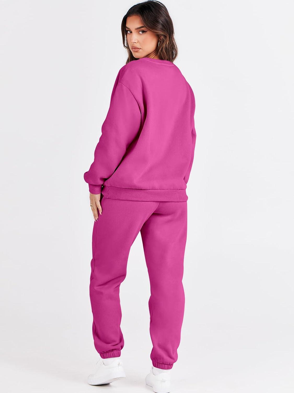 imageANRABESS Womens Two Piece Outfits Sweatsuit Lounge Set Long Sleeve Crewneck Sweatshirt Jogger Pants Tracksuit 2025 Fall SetsHot Pink