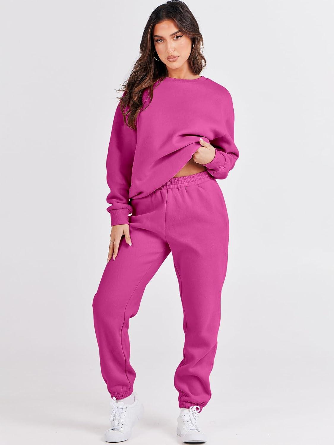 imageANRABESS Womens Two Piece Outfits Sweatsuit Lounge Set Long Sleeve Crewneck Sweatshirt Jogger Pants Tracksuit 2025 Fall SetsHot Pink