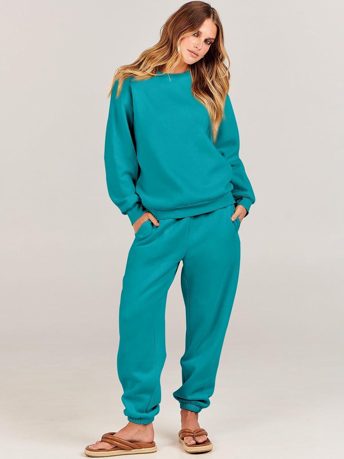 imageANRABESS Womens Two Piece Outfits Sweatsuit Lounge Set Long Sleeve Crewneck Sweatshirt Jogger Pants Tracksuit 2025 Fall SetsLake