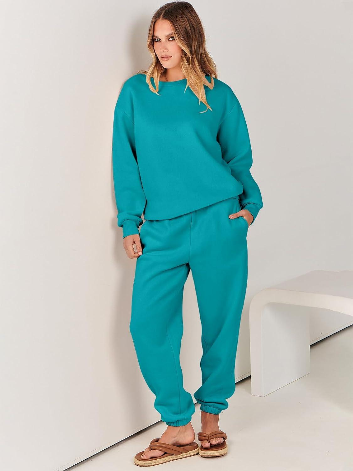 imageANRABESS Womens Two Piece Outfits Sweatsuit Lounge Set Long Sleeve Crewneck Sweatshirt Jogger Pants Tracksuit 2025 Fall SetsLake