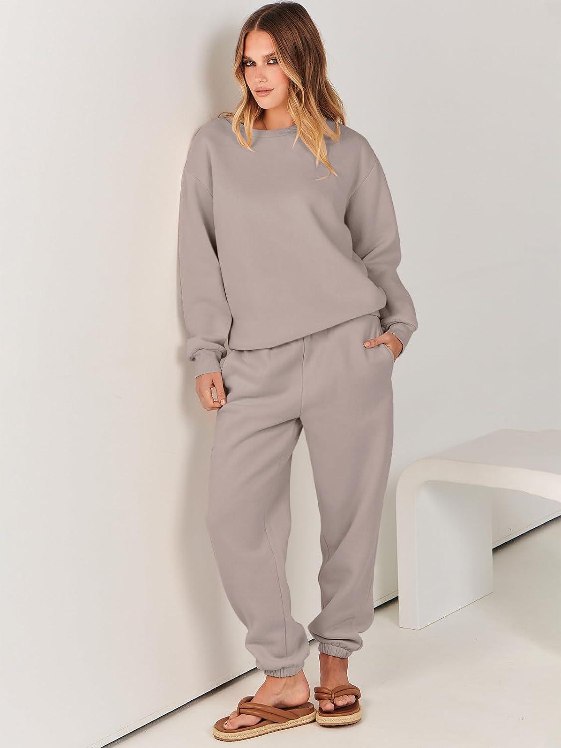 imageANRABESS Womens Two Piece Outfits Sweatsuit Lounge Set Long Sleeve Crewneck Sweatshirt Jogger Pants Tracksuit 2025 Fall SetsLight Khaki