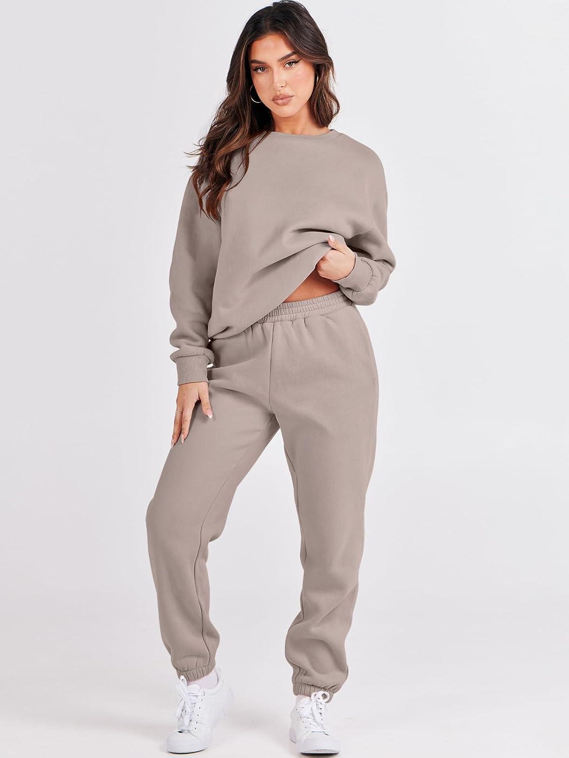 imageANRABESS Womens Two Piece Outfits Sweatsuit Lounge Set Long Sleeve Crewneck Sweatshirt Jogger Pants Tracksuit 2025 Fall SetsLight Khaki