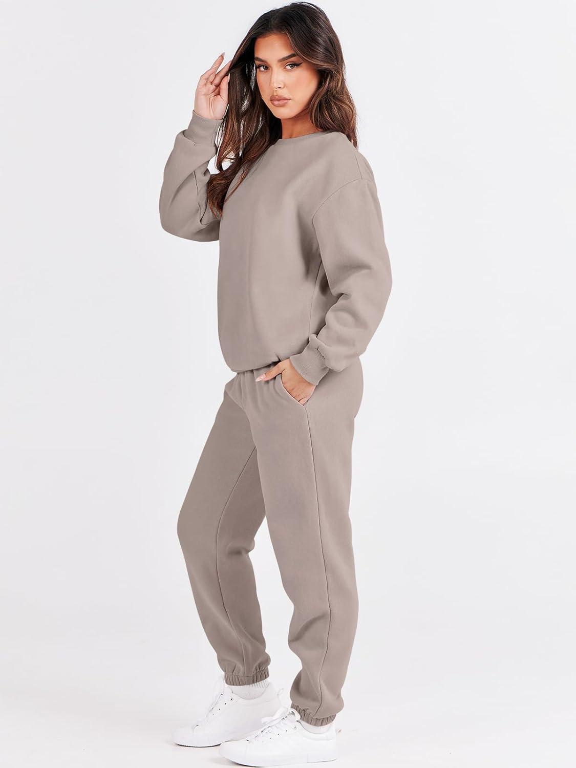 imageANRABESS Womens Two Piece Outfits Sweatsuit Lounge Set Long Sleeve Crewneck Sweatshirt Jogger Pants Tracksuit 2025 Fall SetsLight Khaki