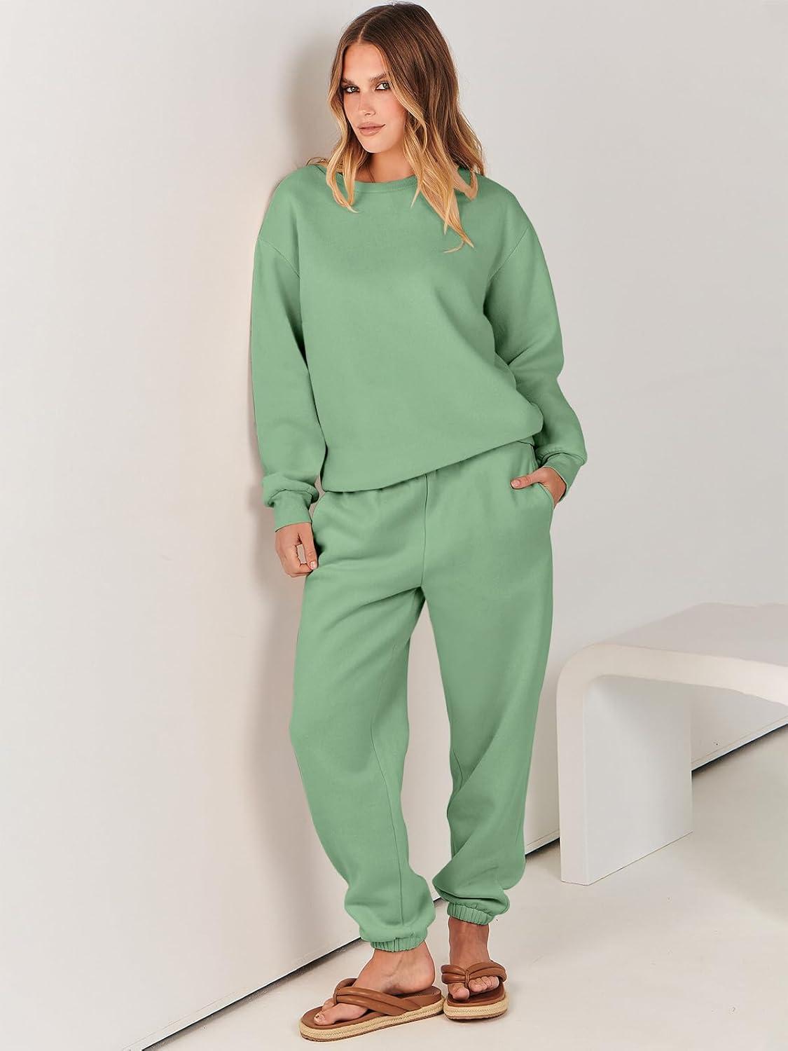 imageANRABESS Womens Two Piece Outfits Sweatsuit Lounge Set Long Sleeve Crewneck Sweatshirt Jogger Pants Tracksuit 2025 Fall SetsMint Green