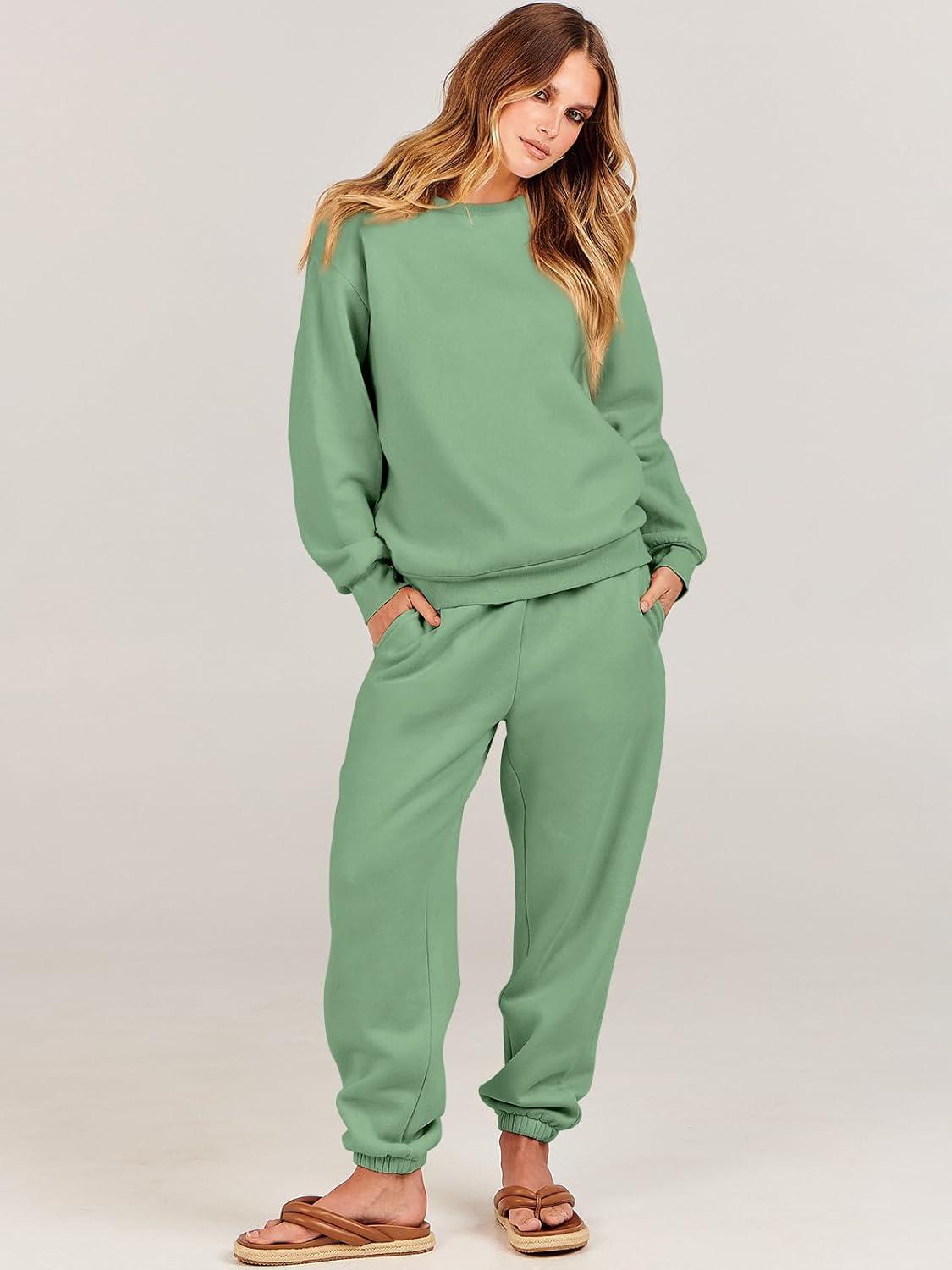 imageANRABESS Womens Two Piece Outfits Sweatsuit Lounge Set Long Sleeve Crewneck Sweatshirt Jogger Pants Tracksuit 2025 Fall SetsMint Green