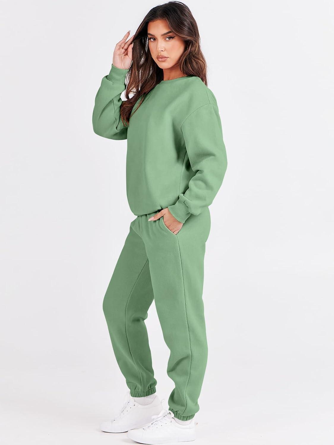 imageANRABESS Womens Two Piece Outfits Sweatsuit Lounge Set Long Sleeve Crewneck Sweatshirt Jogger Pants Tracksuit 2025 Fall SetsMint Green