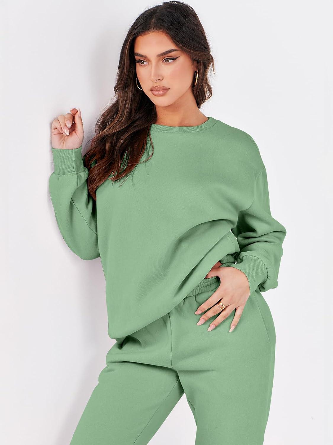 imageANRABESS Womens Two Piece Outfits Sweatsuit Lounge Set Long Sleeve Crewneck Sweatshirt Jogger Pants Tracksuit 2025 Fall SetsMint Green