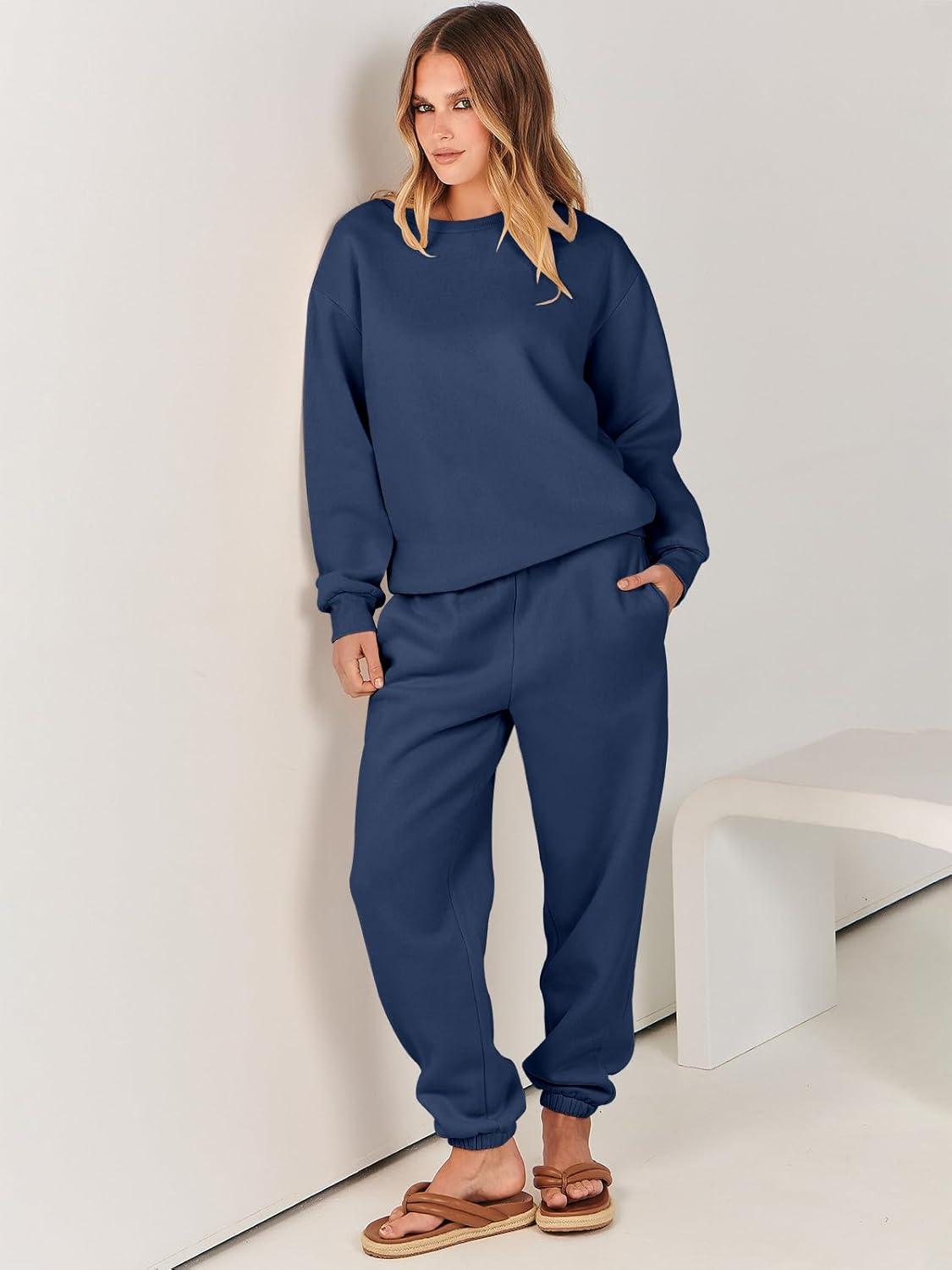imageANRABESS Womens Two Piece Outfits Sweatsuit Lounge Set Long Sleeve Crewneck Sweatshirt Jogger Pants Tracksuit 2025 Fall SetsNavy Blue