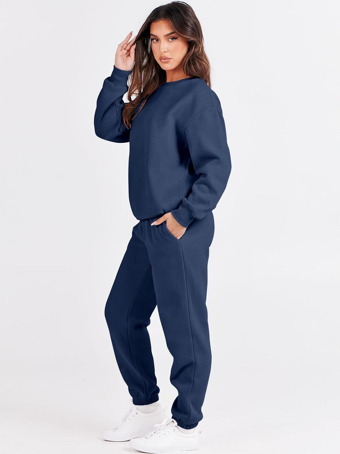 imageANRABESS Womens Two Piece Outfits Sweatsuit Lounge Set Long Sleeve Crewneck Sweatshirt Jogger Pants Tracksuit 2025 Fall SetsNavy Blue