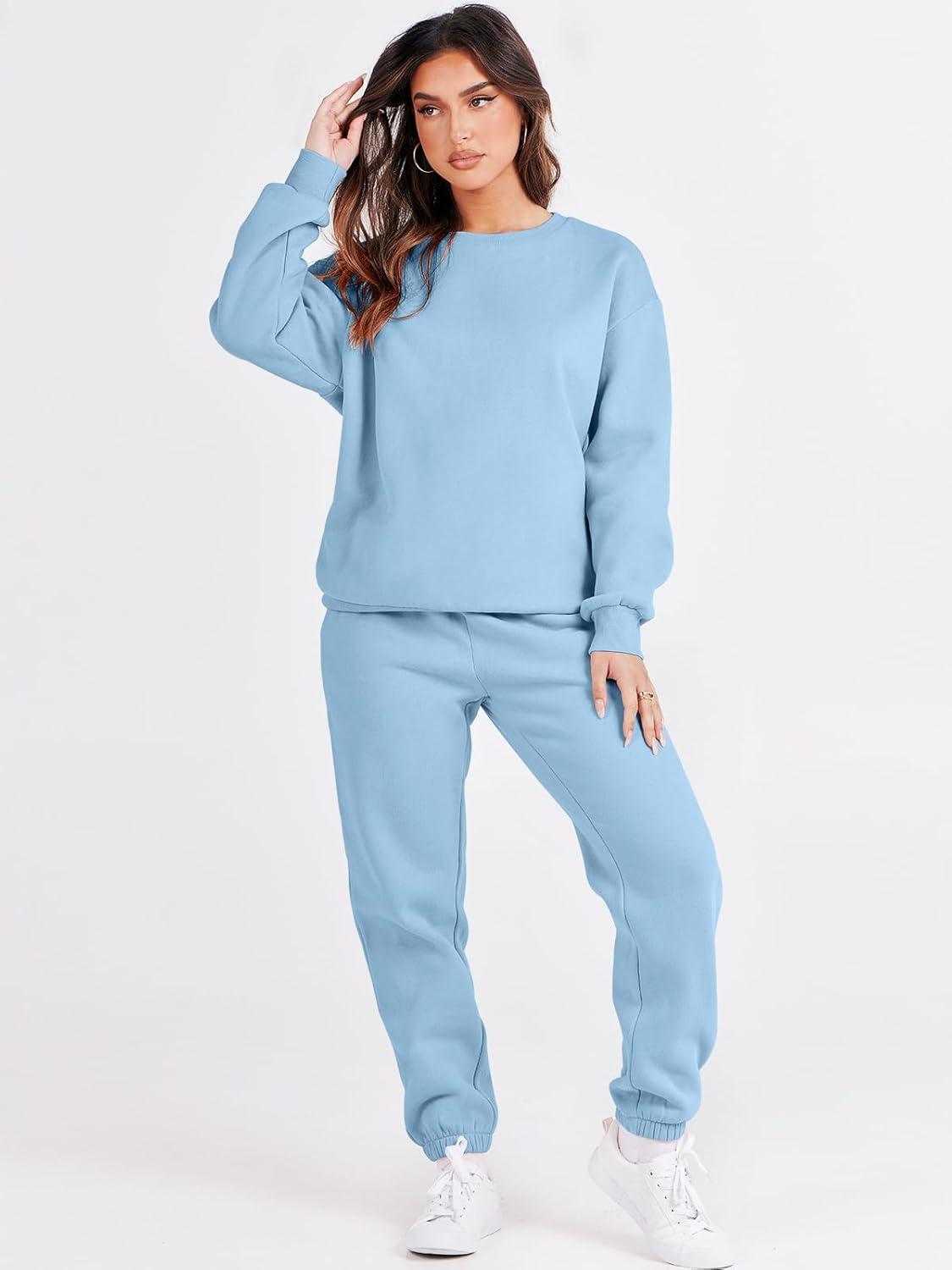 imageANRABESS Womens Two Piece Outfits Sweatsuit Lounge Set Long Sleeve Crewneck Sweatshirt Jogger Pants Tracksuit 2025 Fall SetsSky