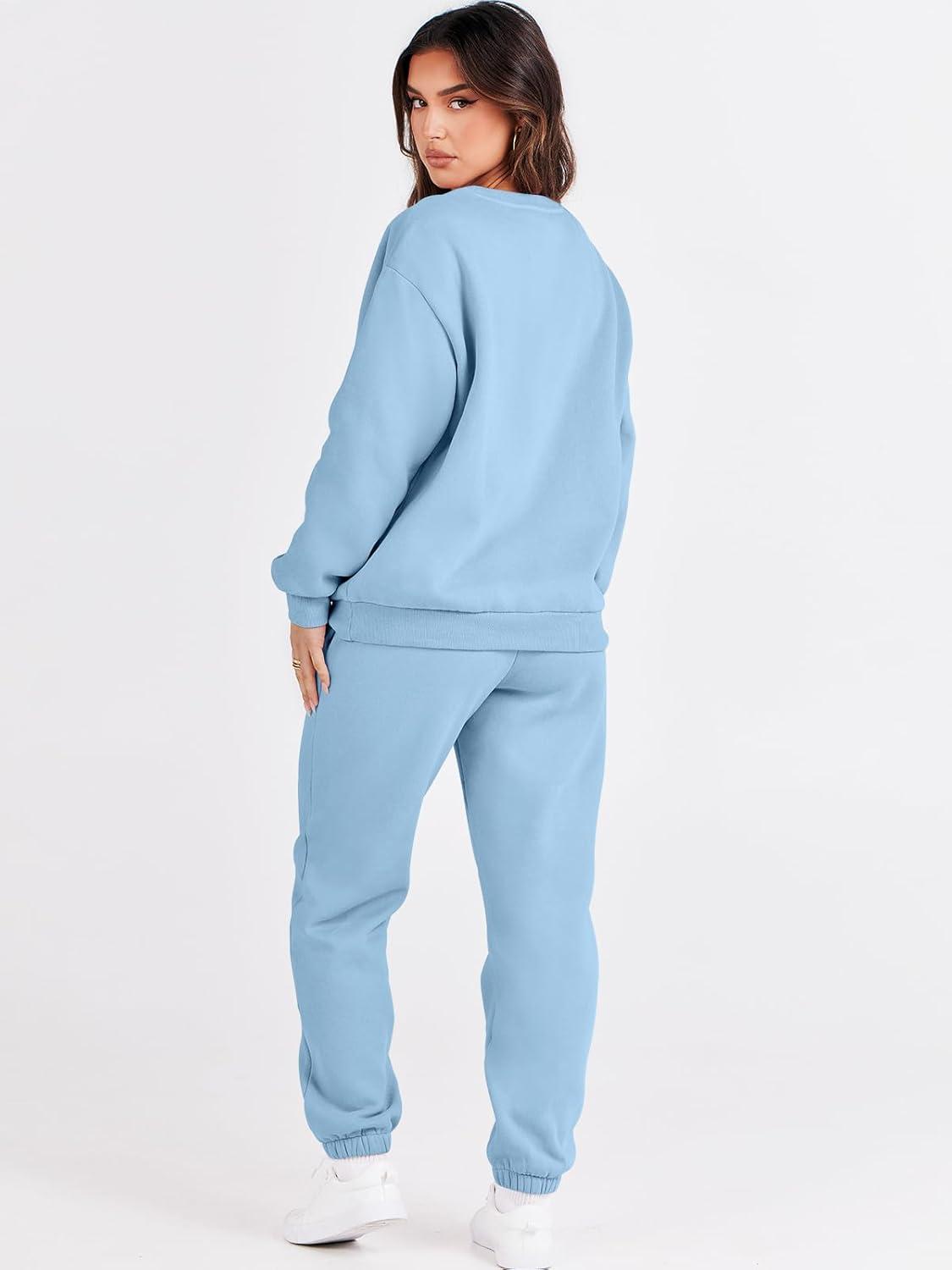 imageANRABESS Womens Two Piece Outfits Sweatsuit Lounge Set Long Sleeve Crewneck Sweatshirt Jogger Pants Tracksuit 2025 Fall SetsSky