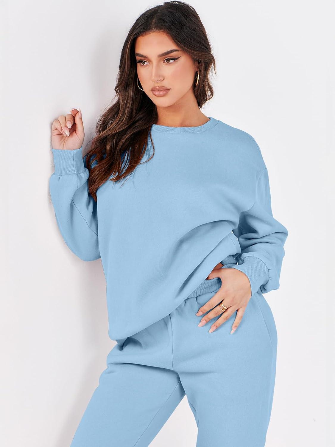 imageANRABESS Womens Two Piece Outfits Sweatsuit Lounge Set Long Sleeve Crewneck Sweatshirt Jogger Pants Tracksuit 2025 Fall SetsSky