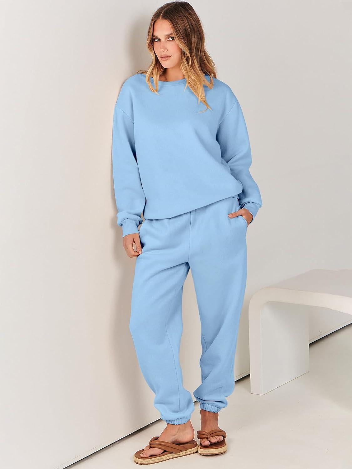 imageANRABESS Womens Two Piece Outfits Sweatsuit Lounge Set Long Sleeve Crewneck Sweatshirt Jogger Pants Tracksuit 2025 Fall SetsSky