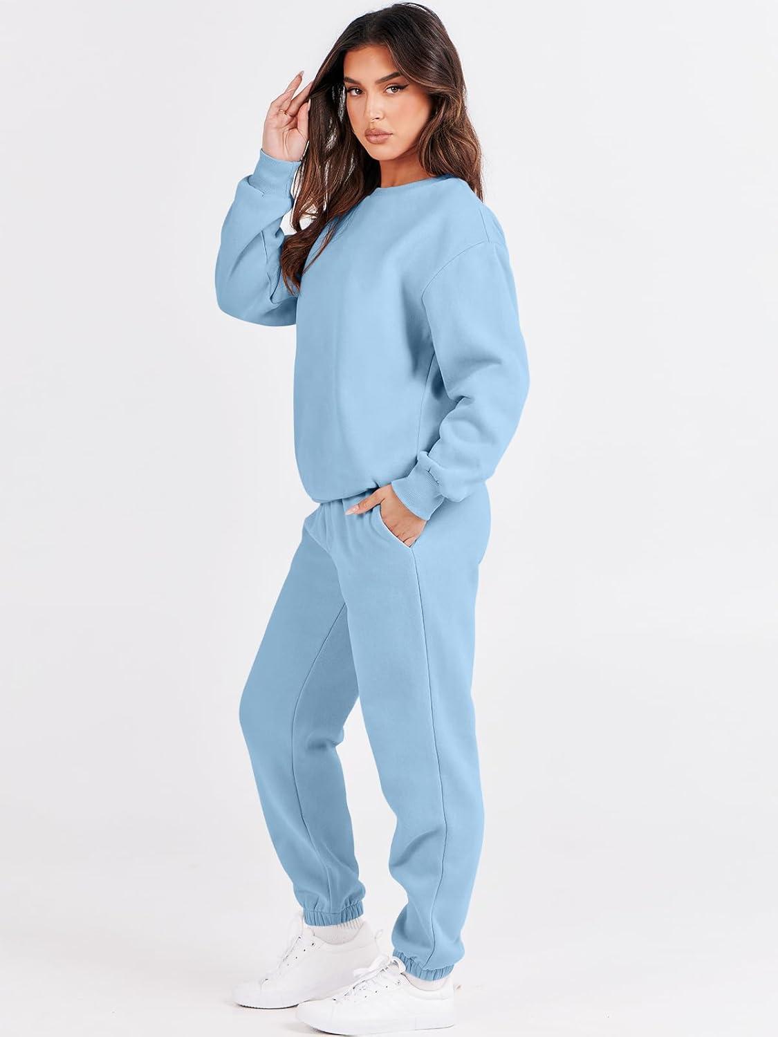 imageANRABESS Womens Two Piece Outfits Sweatsuit Lounge Set Long Sleeve Crewneck Sweatshirt Jogger Pants Tracksuit 2025 Fall SetsSky