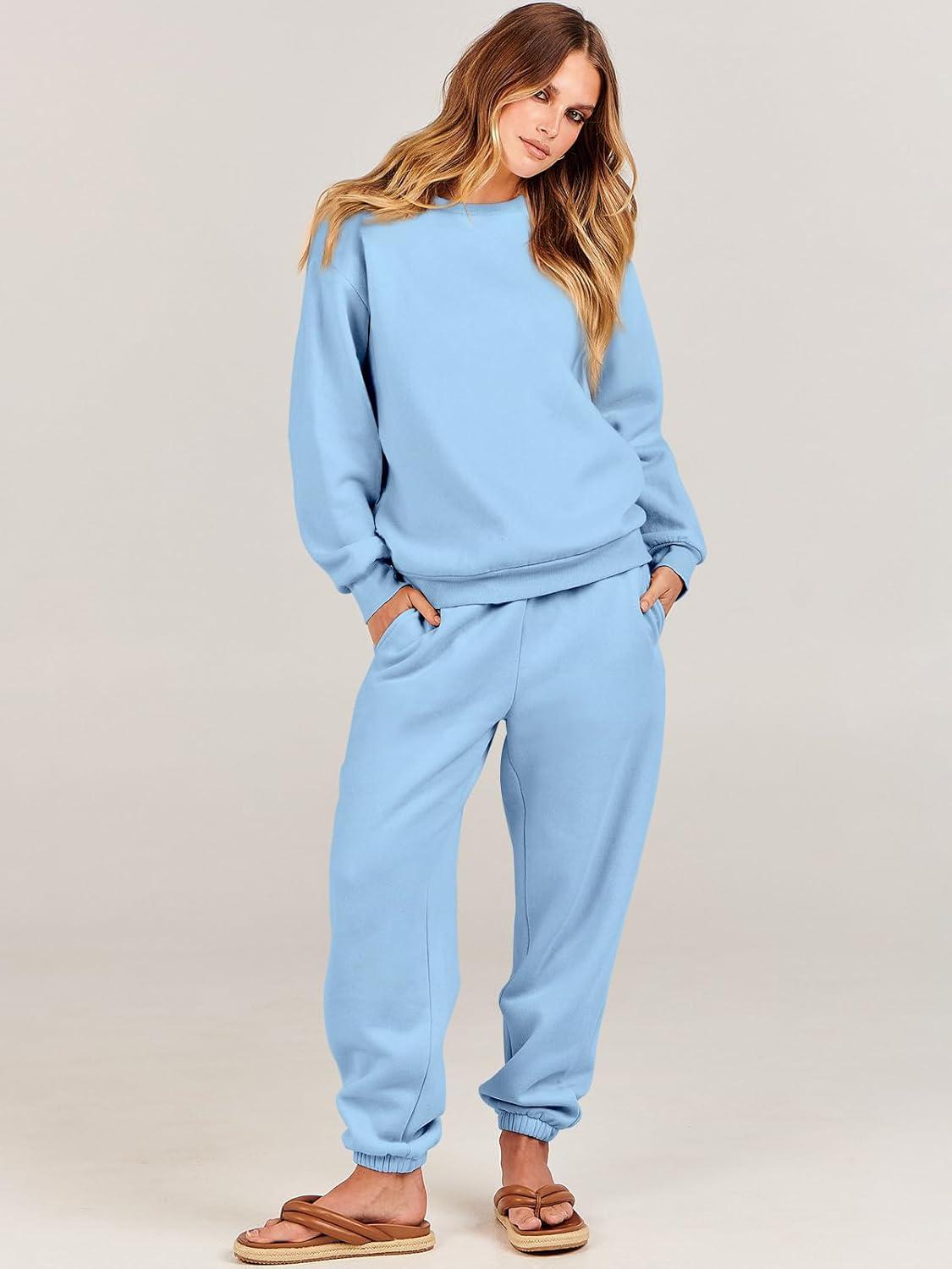 imageANRABESS Womens Two Piece Outfits Sweatsuit Lounge Set Long Sleeve Crewneck Sweatshirt Jogger Pants Tracksuit 2025 Fall SetsSky