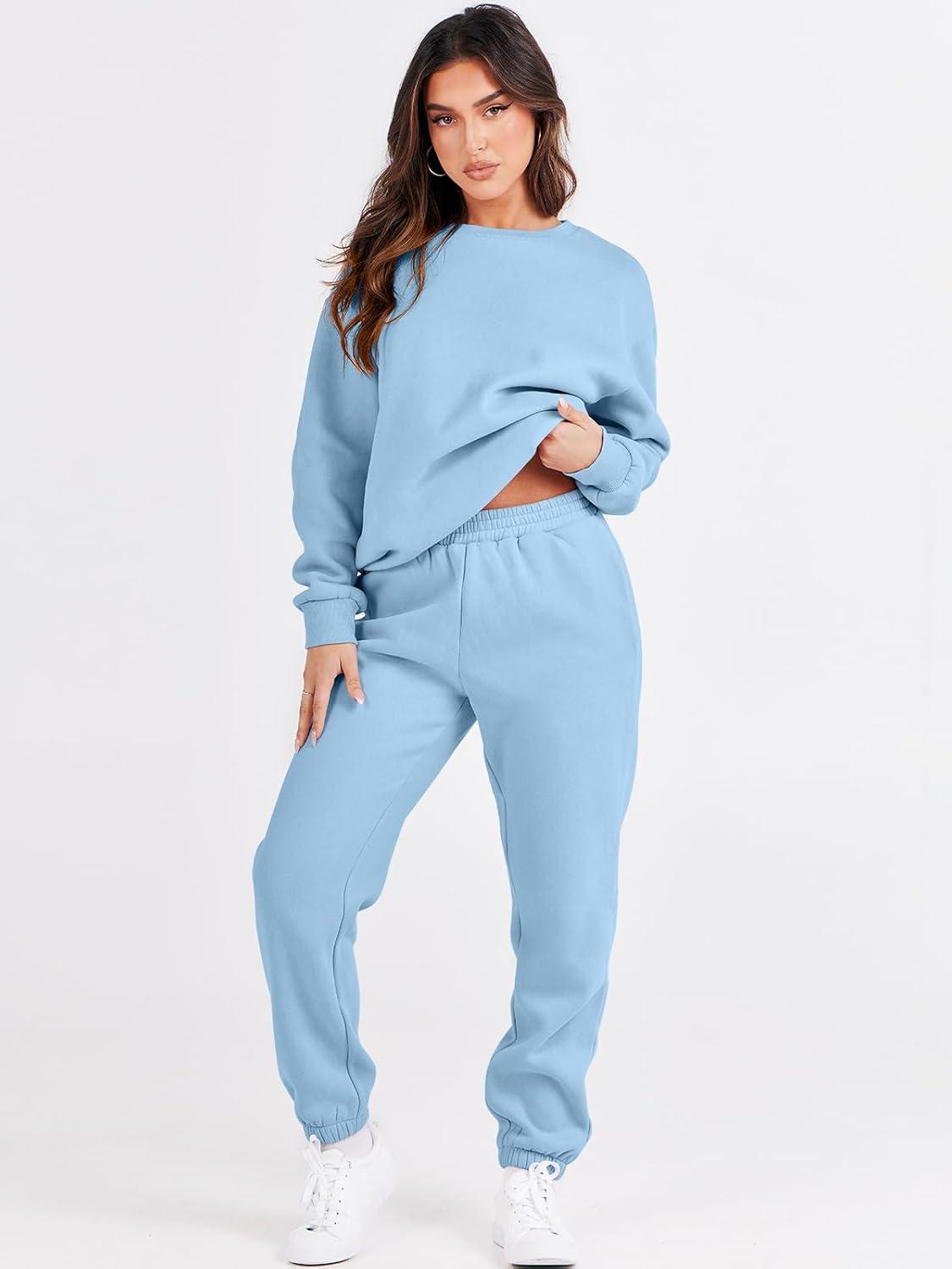 imageANRABESS Womens Two Piece Outfits Sweatsuit Lounge Set Long Sleeve Crewneck Sweatshirt Jogger Pants Tracksuit 2025 Fall SetsSky