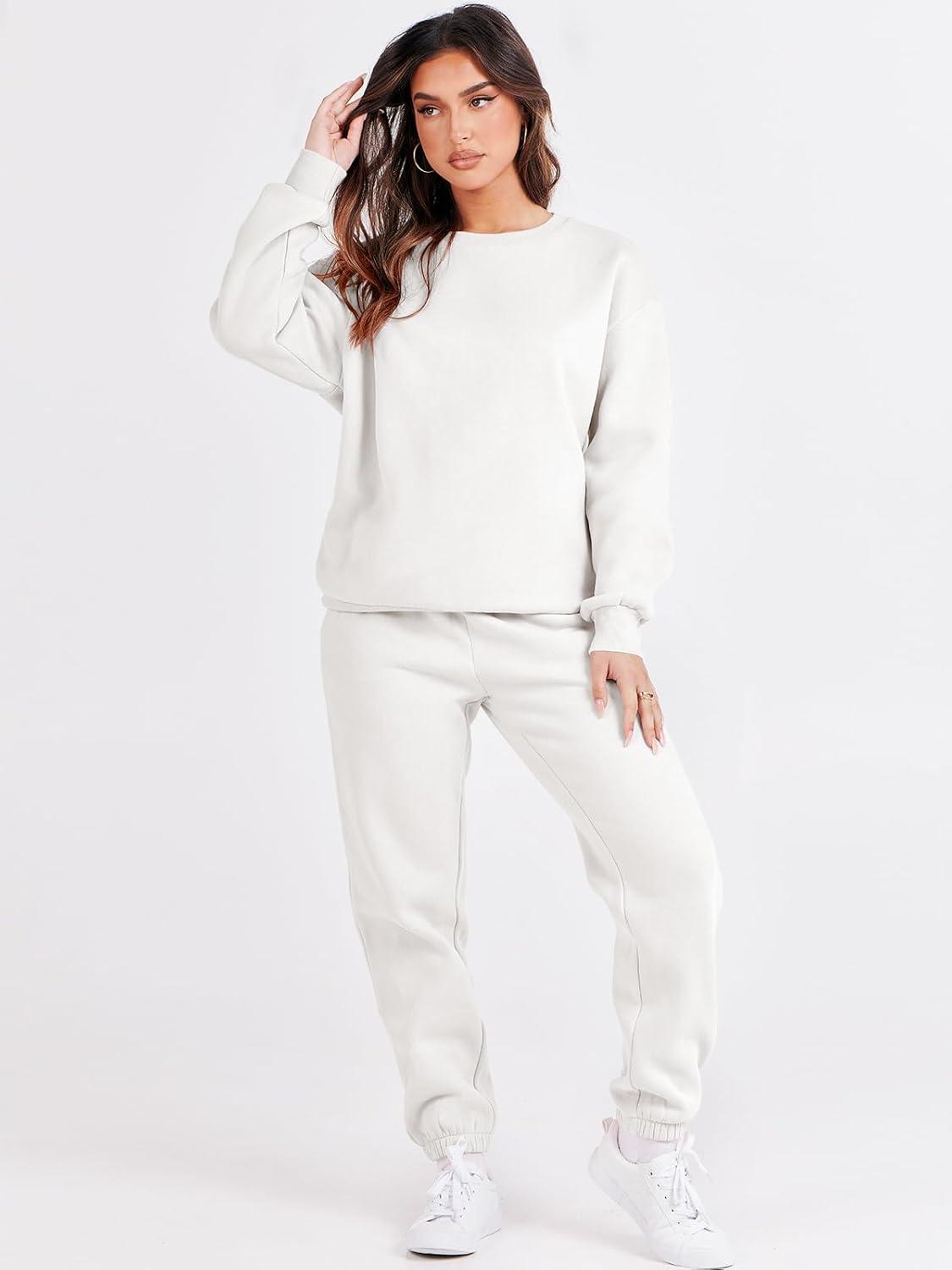 imageANRABESS Womens Two Piece Outfits Sweatsuit Lounge Set Long Sleeve Crewneck Sweatshirt Jogger Pants Tracksuit 2025 Fall SetsWhite