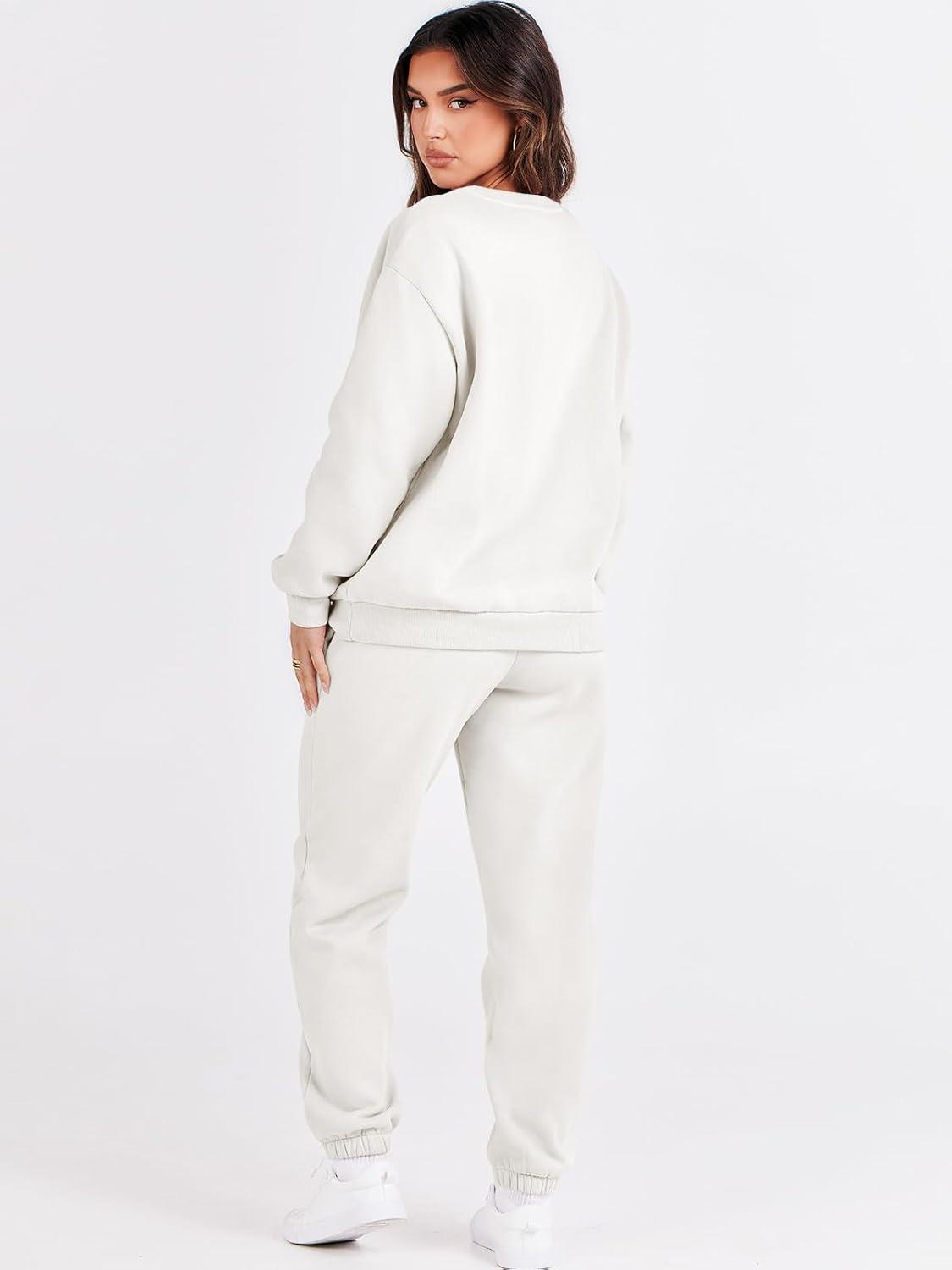 imageANRABESS Womens Two Piece Outfits Sweatsuit Lounge Set Long Sleeve Crewneck Sweatshirt Jogger Pants Tracksuit 2025 Fall SetsWhite