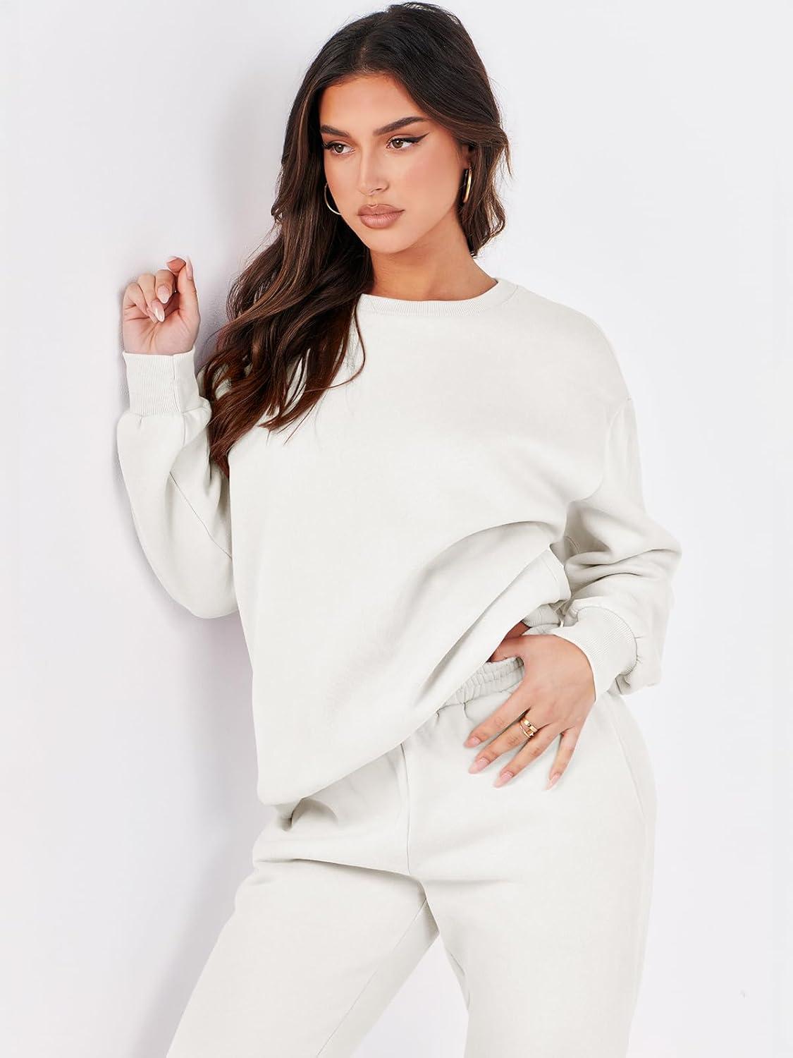 imageANRABESS Womens Two Piece Outfits Sweatsuit Lounge Set Long Sleeve Crewneck Sweatshirt Jogger Pants Tracksuit 2025 Fall SetsWhite