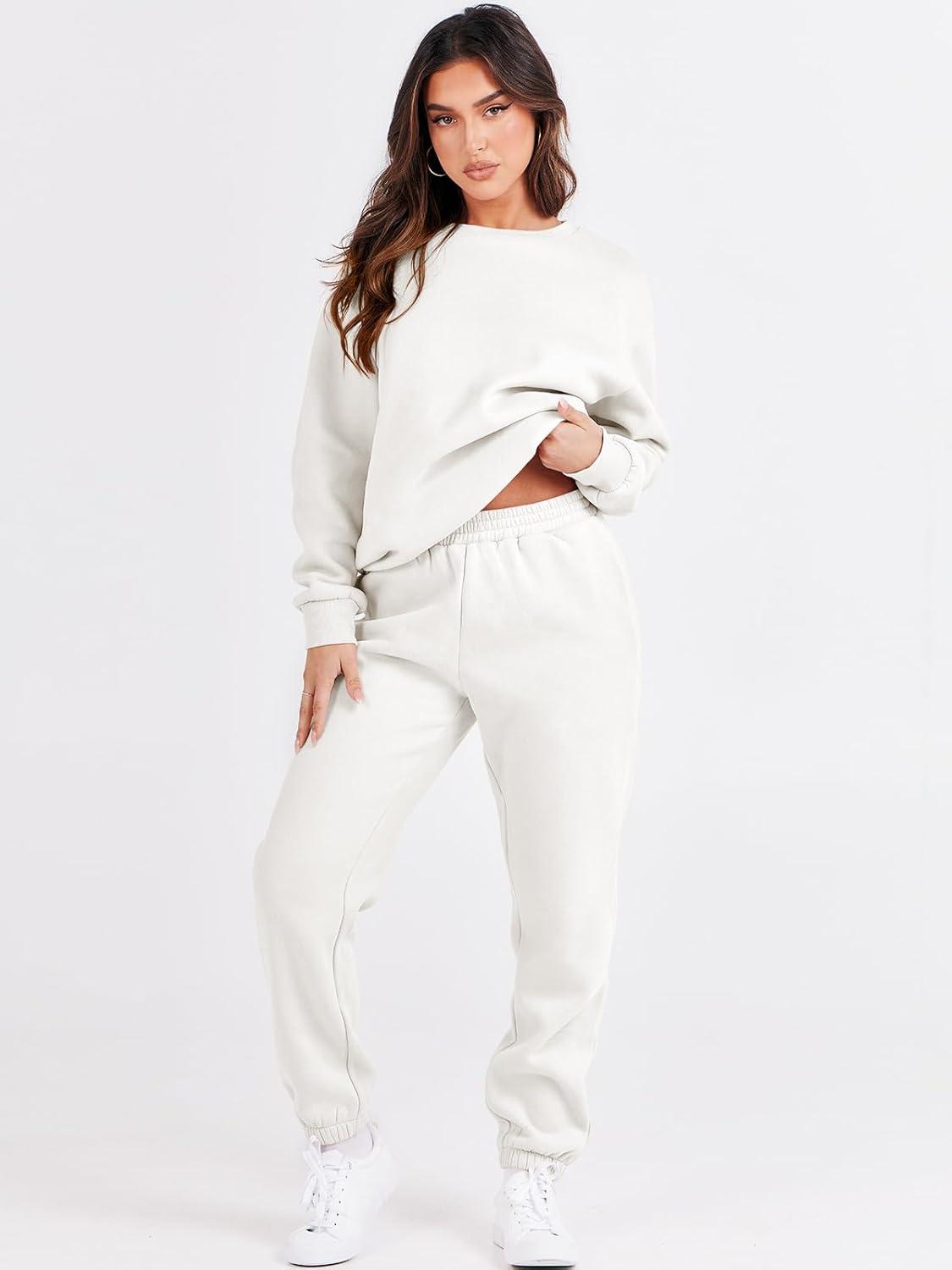 imageANRABESS Womens Two Piece Outfits Sweatsuit Lounge Set Long Sleeve Crewneck Sweatshirt Jogger Pants Tracksuit 2025 Fall SetsWhite