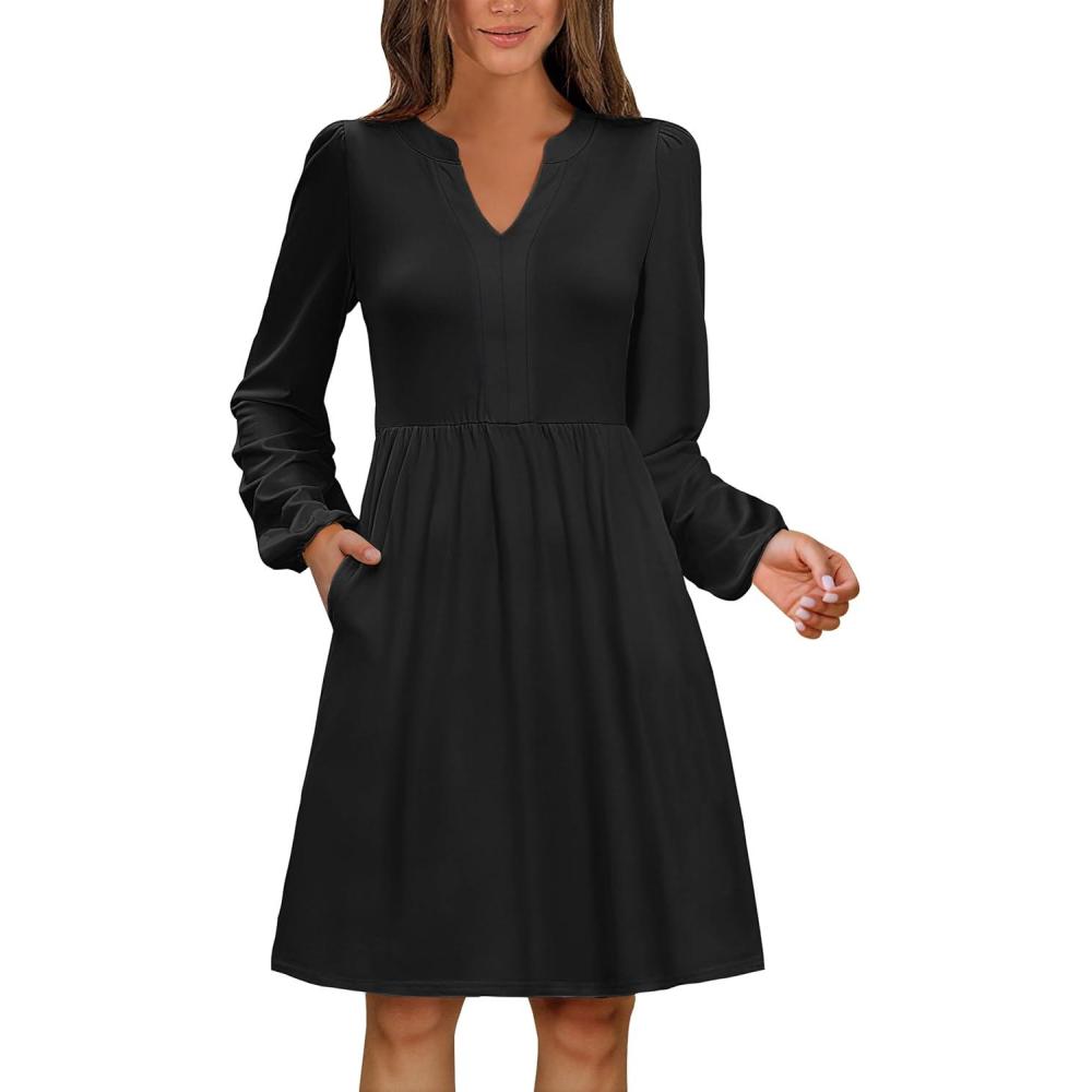 imageANRABESS Dresses for Women Long Sleeve Fall Casual V Neck Floral Boho Flowy Swing Mini Dress 2025 Travel Vacation OutfitsBlack