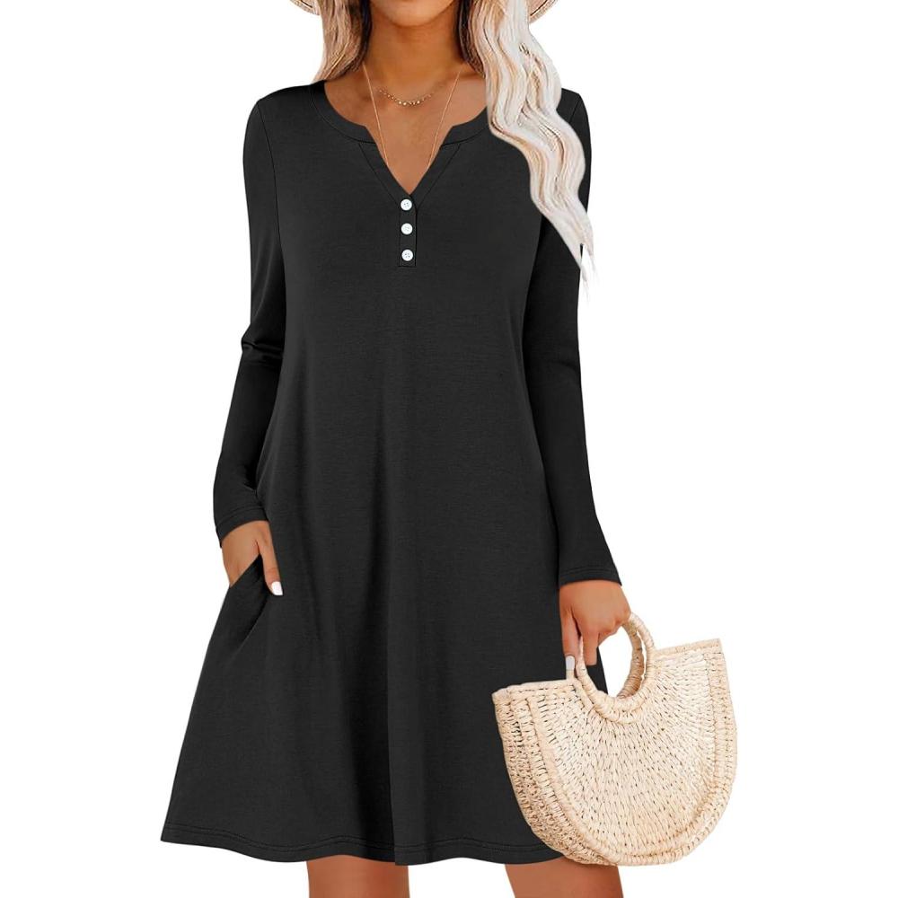 imageANRABESS Long Sleeve Dresses for Women 2025 Fall Casual Flowy Swing V Neck Boho Floral Mini Travel Vacation Dress with PocketBlack