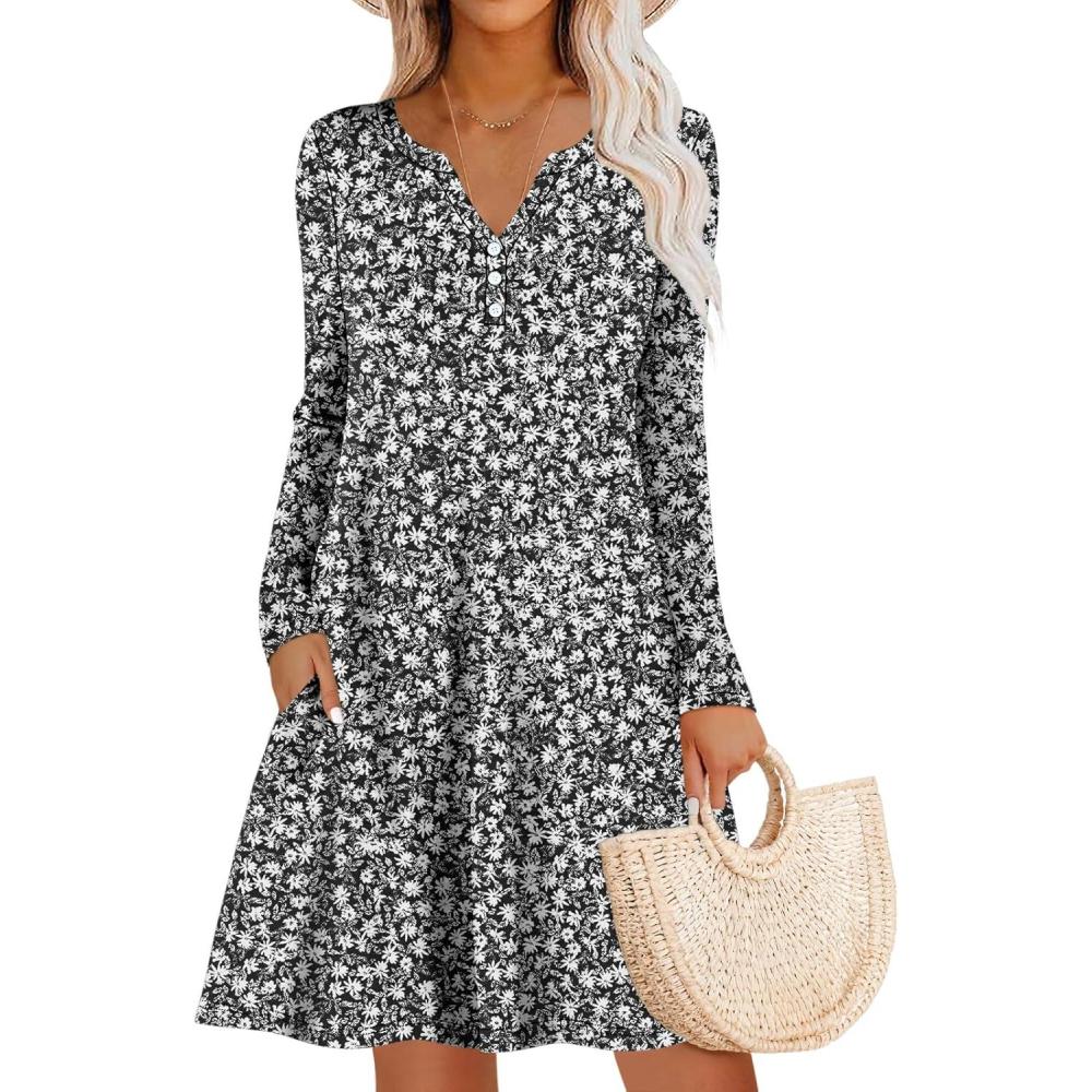 imageANRABESS Long Sleeve Dresses for Women 2025 Fall Casual Flowy Swing V Neck Boho Floral Mini Travel Vacation Dress with PocketFloral Black