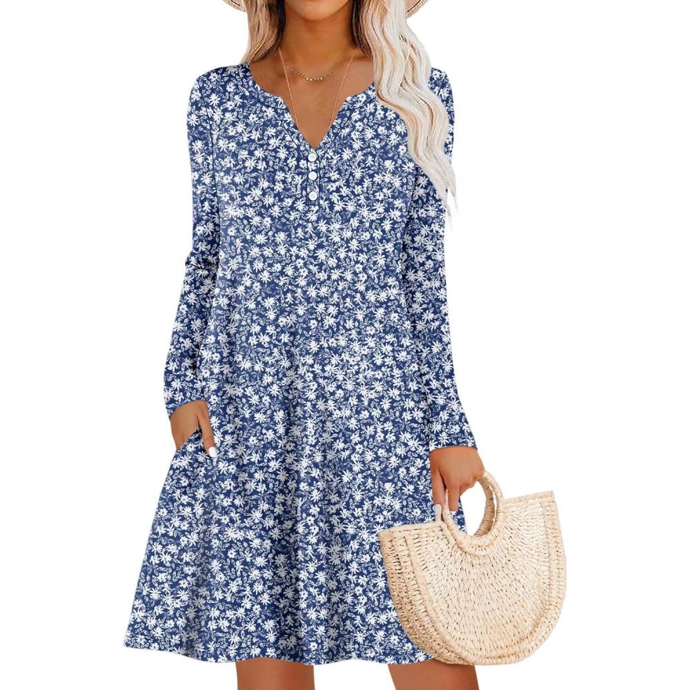 imageANRABESS Long Sleeve Dresses for Women 2025 Fall Casual Flowy Swing V Neck Boho Floral Mini Travel Vacation Dress with PocketFloral Blue