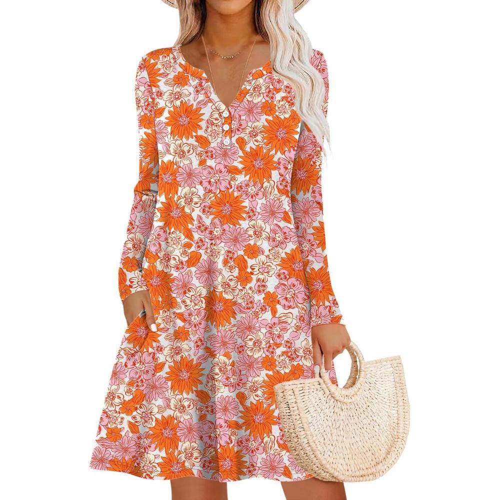 imageANRABESS Long Sleeve Dresses for Women 2025 Fall Casual Flowy Swing V Neck Boho Floral Mini Travel Vacation Dress with PocketFloral Chrysanthemum